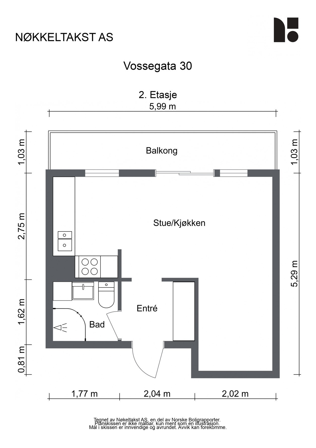 Planskisse 2.etg BRA-i 29 kvm: Entré med skyvedørsgarderobe, praktisk, åpen kjøkken- og stueløsning med utgang til balkong, sovealkove i bakkant i stuen samt bad med dusjnisje og opplegg til vaskemaskin. Galleribilde