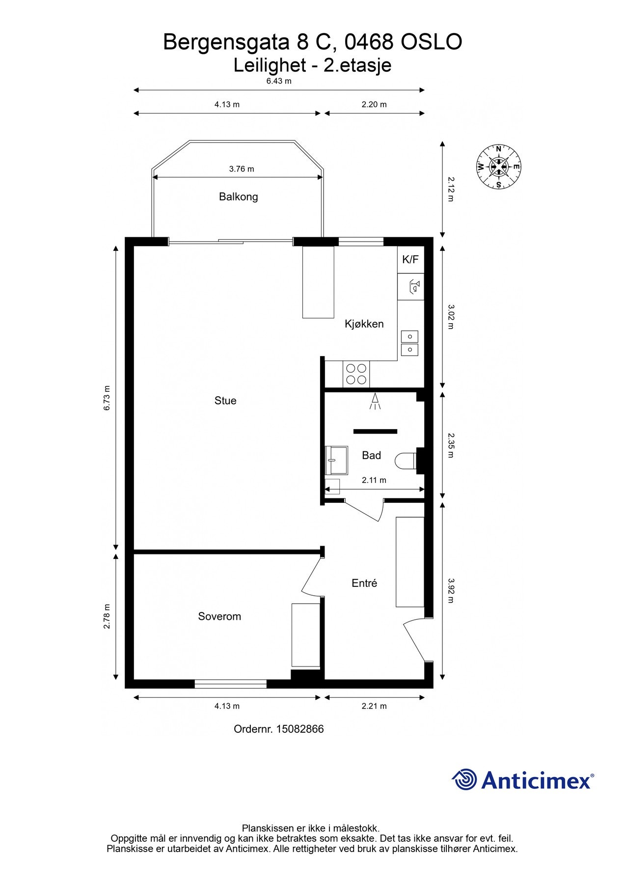 Plantegning 2. etasje. I tillegg disponerer leiligheten en kjellerbod på 3m². Galleribilde