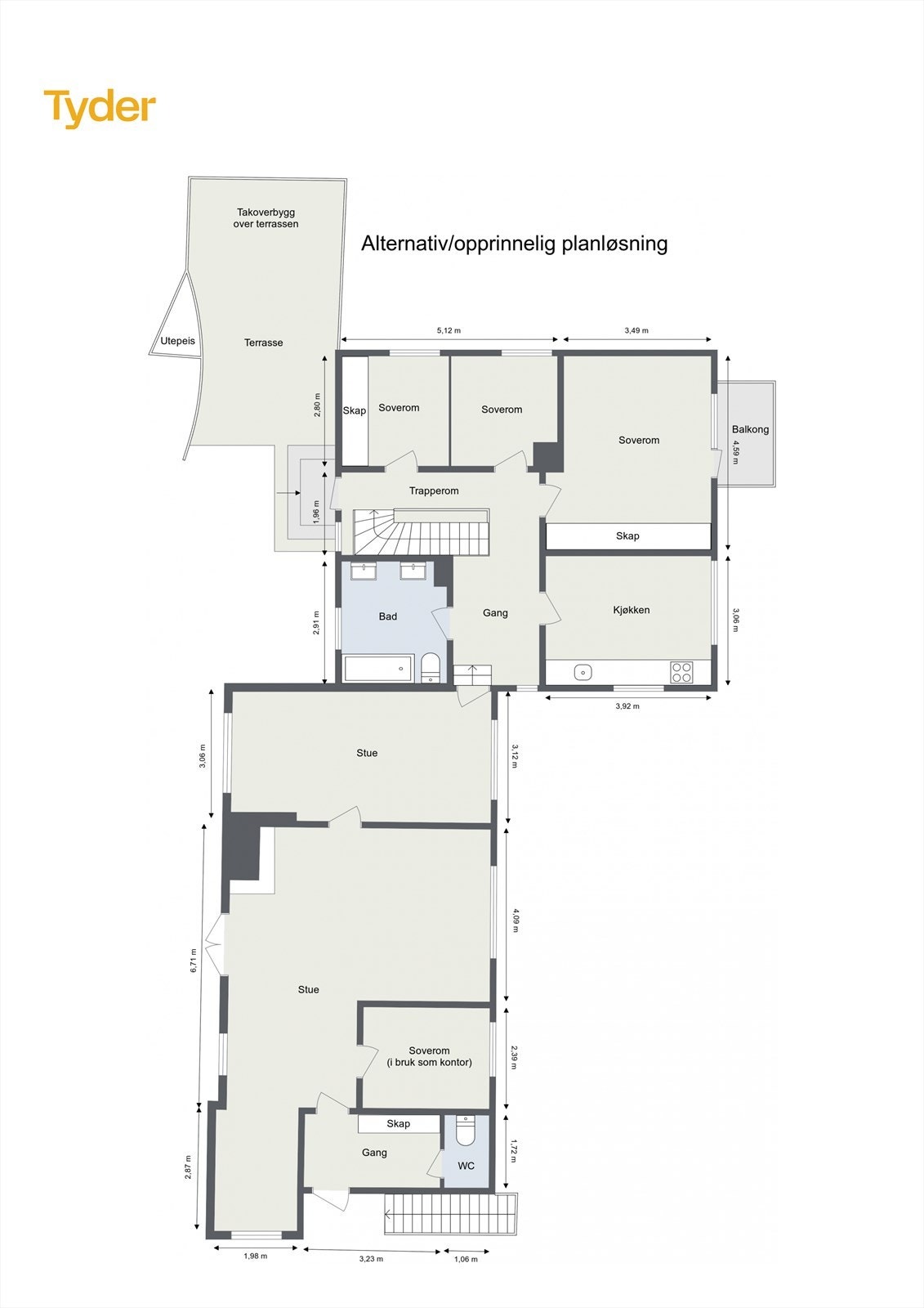 Homans vei 17 (Hovedhus)- alternativ plantegning 1. etasje med ekstra soverom Galleribilde
