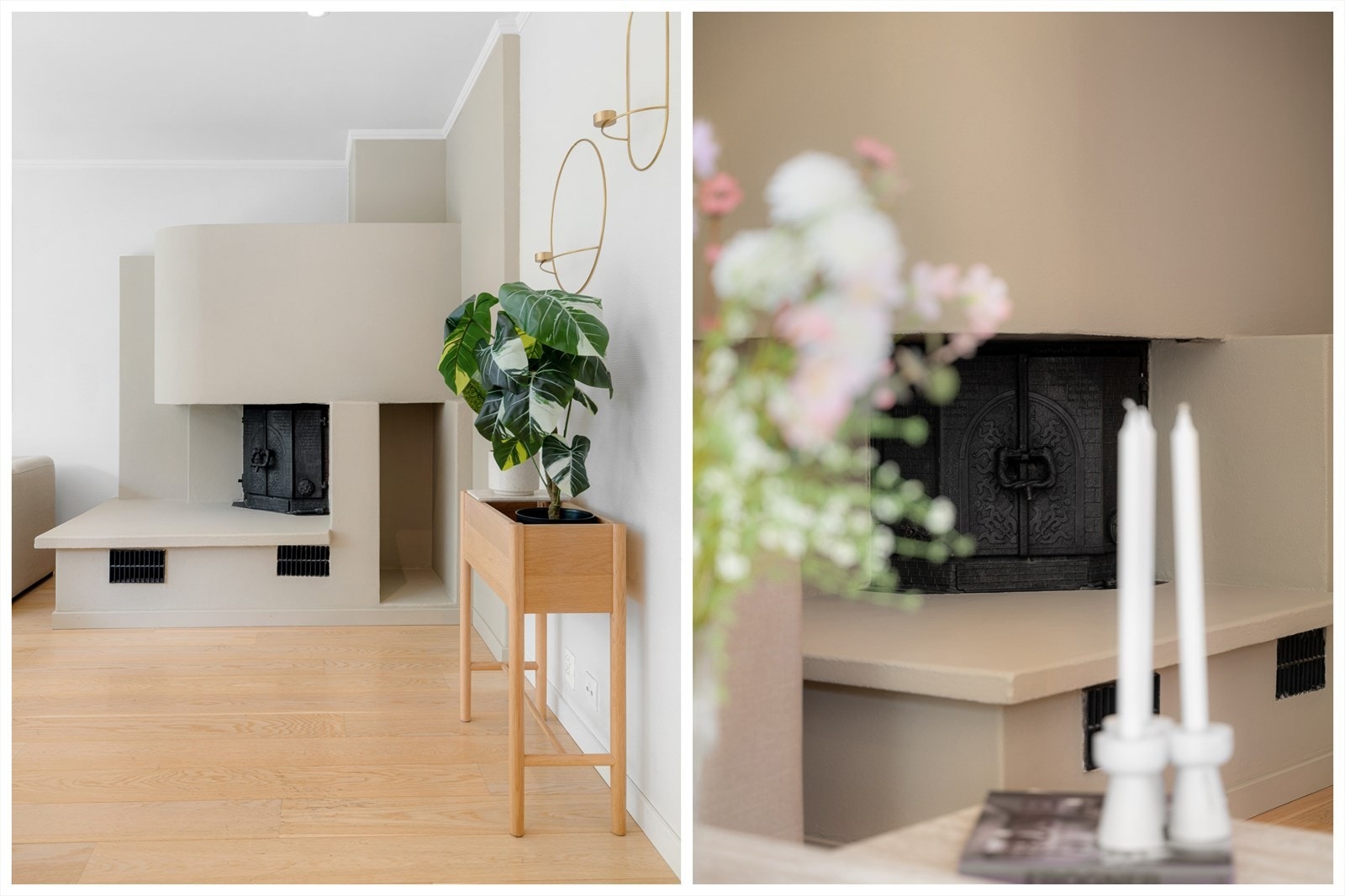 I det ene hjørnet troner en flott hjørnepeis. Malt i en mørkere beigetone blir denne et flott blikkfang i den lyse stuen. Galleribilde