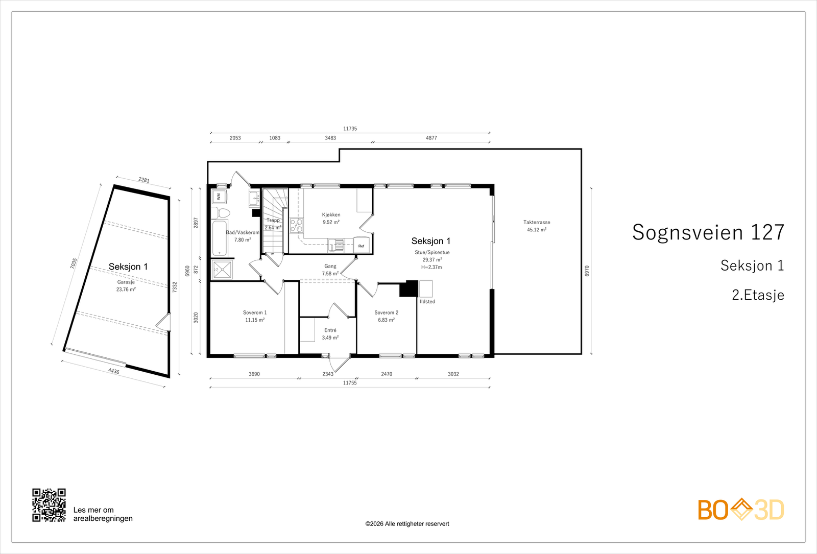 Boligen går over to plan.
Øvre etasje (2.etg/inngangsplan) er på 82 kvm bra-i og består av entré, hall med garderobe og trappegang, kjøkken, stue med utgang til terrasse, 2 soverom og bad. Galleribilde