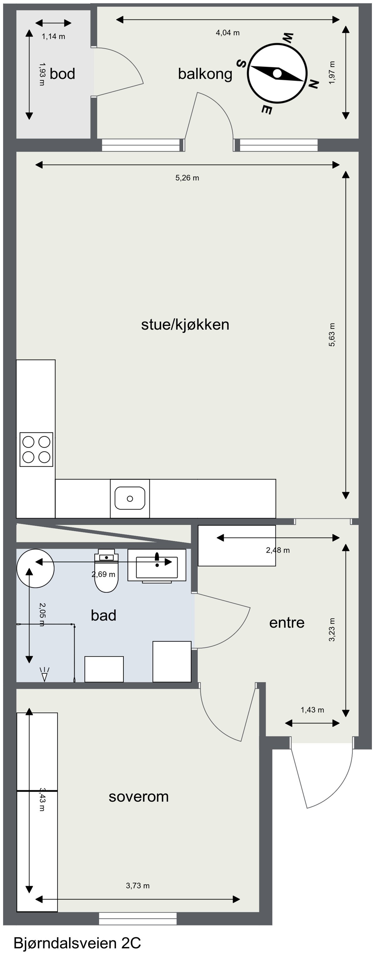 Innhold: Entré, bad/wc, bod, 2 soverom, og stue/kjøkken. Galleribilde
