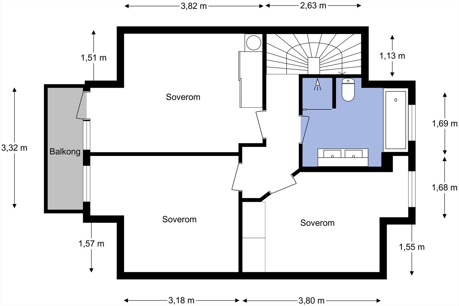 Planløsning 2. etasje. Planet inneholder 3 soverom, balkong og baderom. Galleribilde