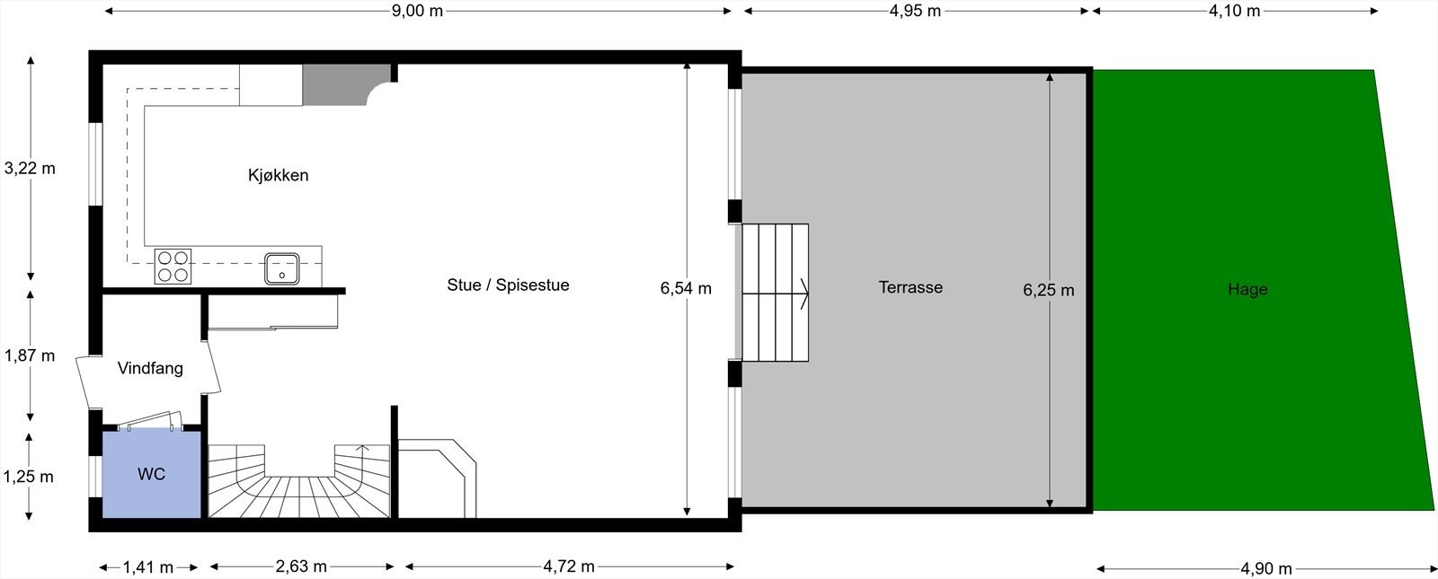 1. etasje inneholder kjøkken, sute/spisestue, terrasse og hage, samt vindfang og wc-rom. Galleribilde