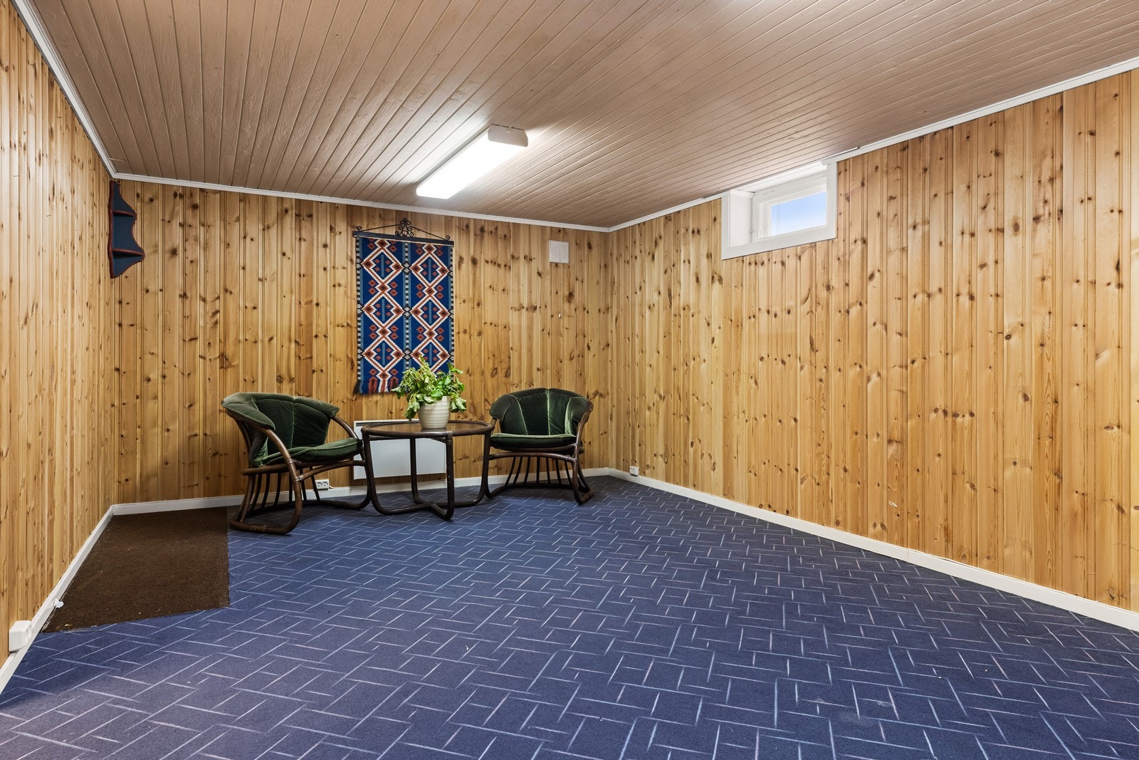 Innredet rom i kjelleren med panel på veggene og teppe på gulvet. Rommet er innredet uten byggemelding til kommunen og nødvendig godkjenning er gitt. Rommet er ikke godkjent for varig opphold. Galleribilde