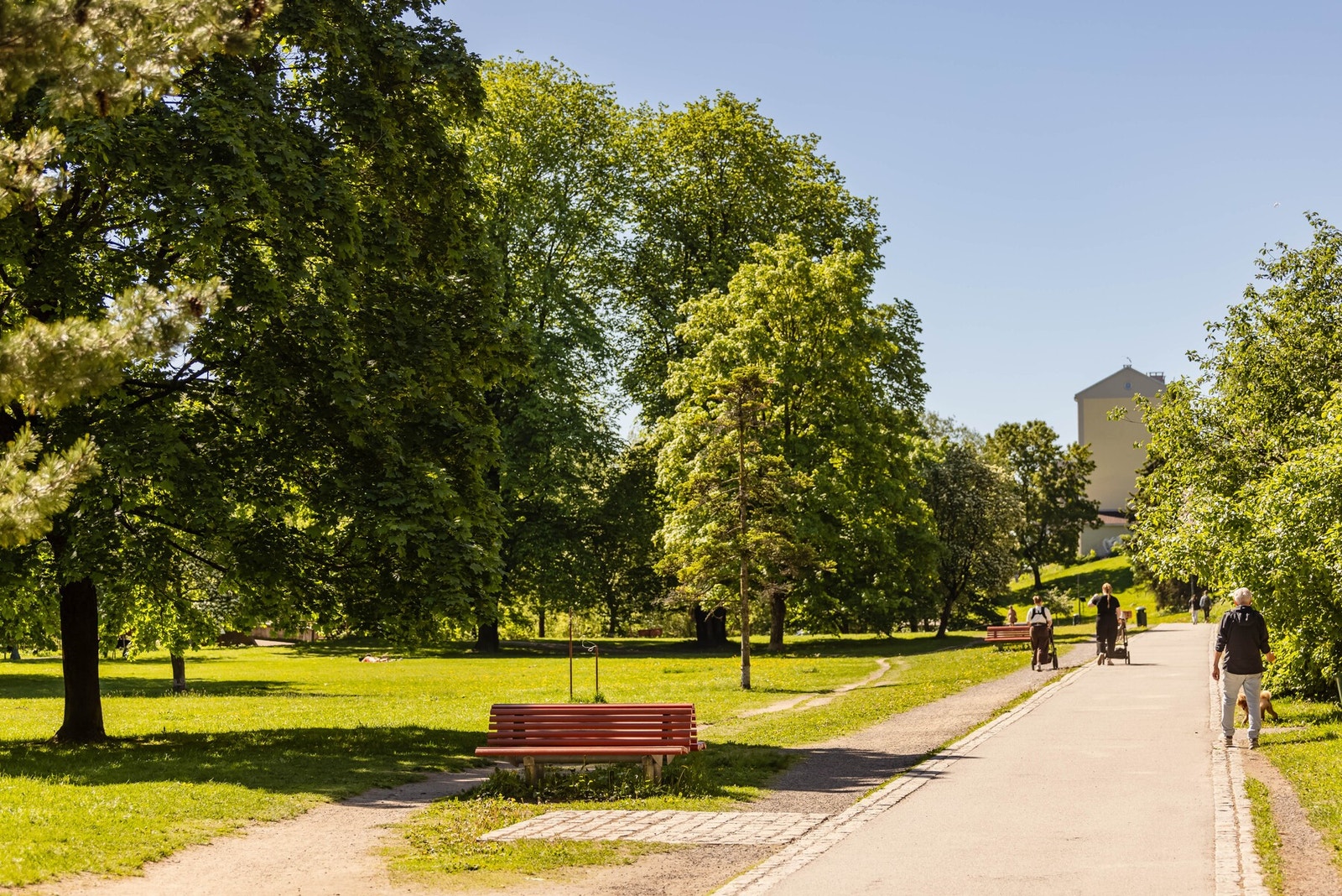 Idyllisk område utenfor bestående av stort grøntområde og Akerselva. Galleribilde