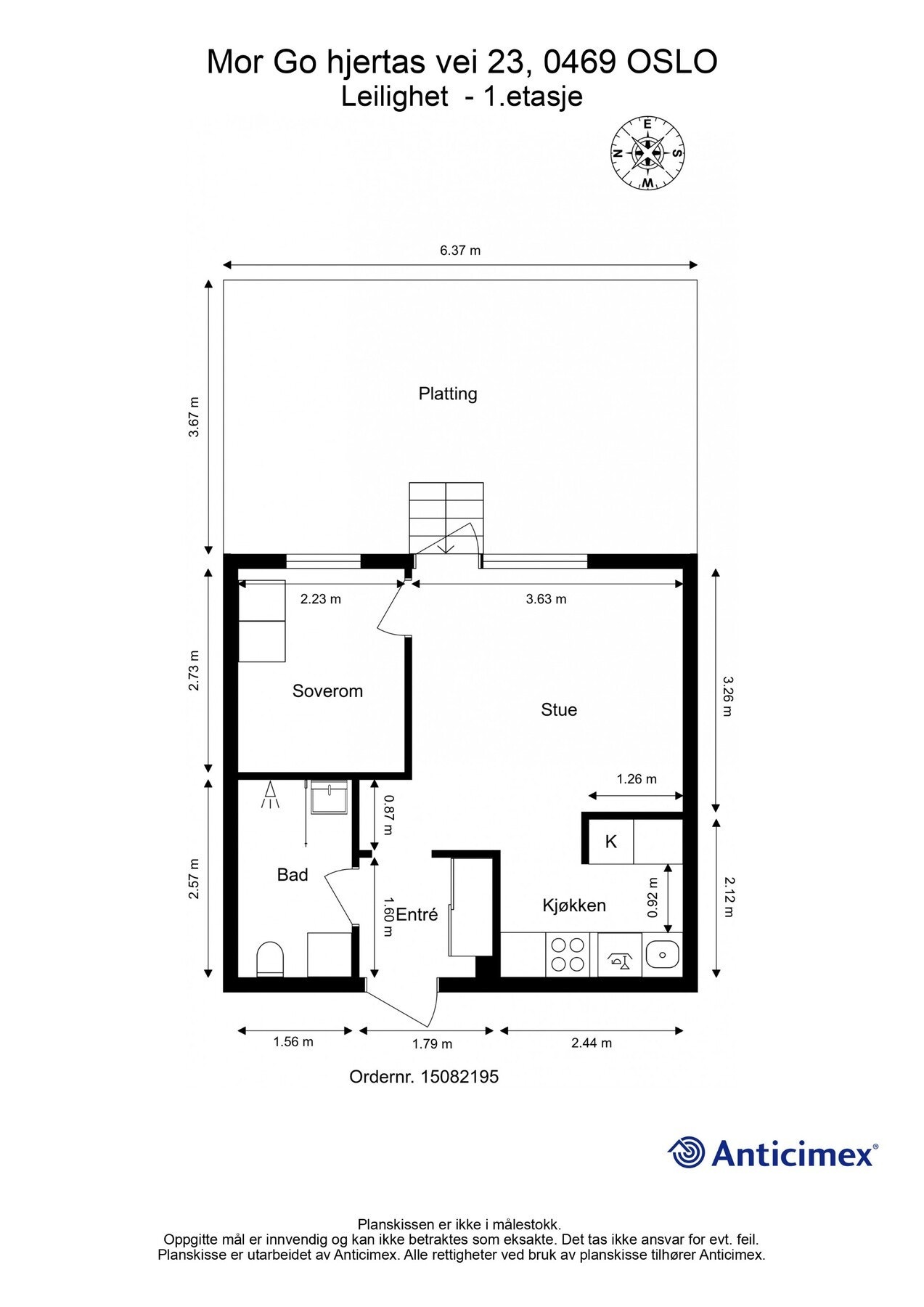 Planskisse. Leiligheten disponerer i tillegg en bod i kjelleretasje på 3m² Galleribilde