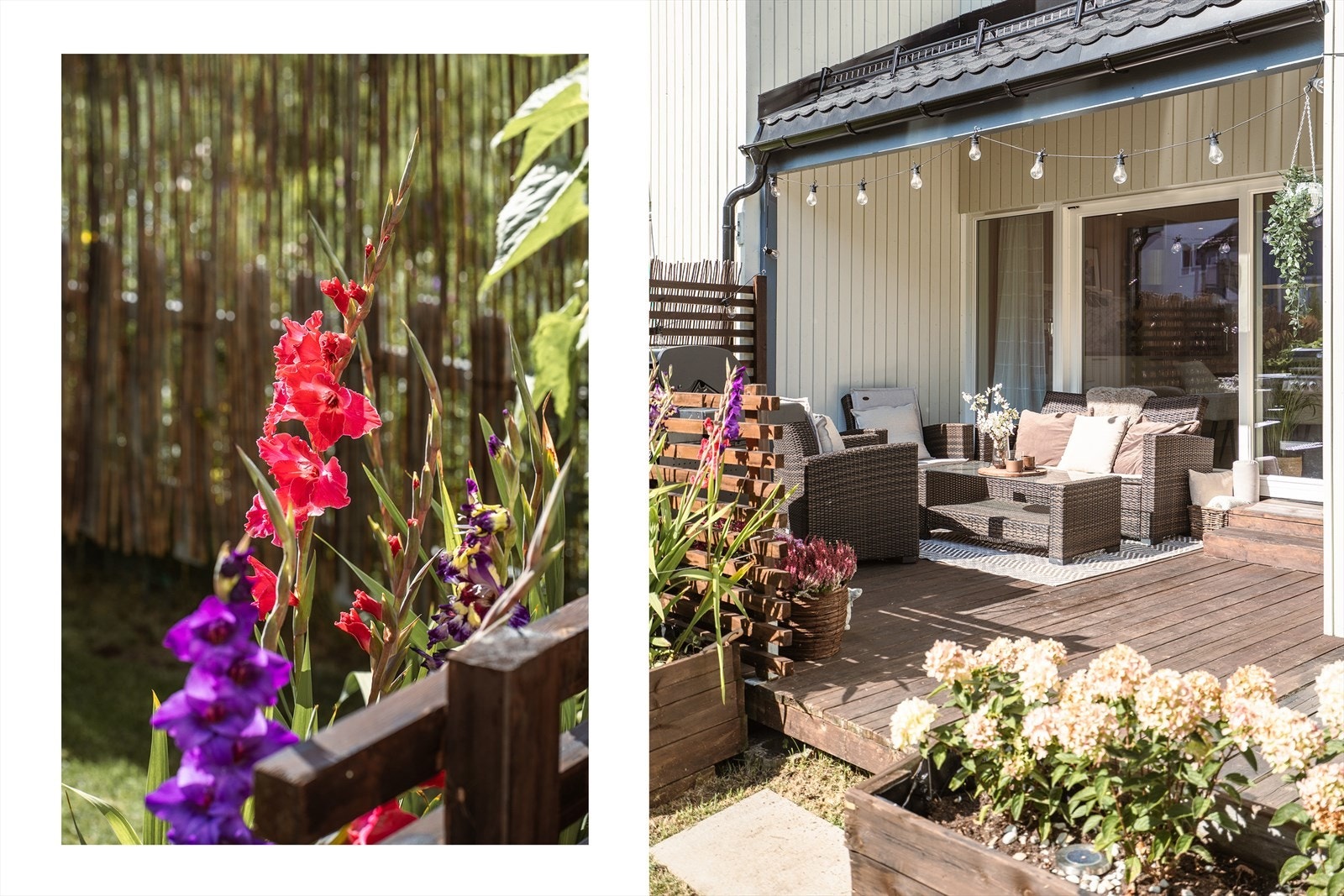 Terrasse er på ca. 19 kvm og hage med barket bed, plassbygde blomsterkasser og fargerike blomster. Galleribilde