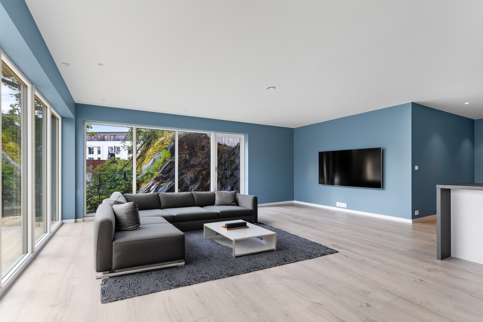 Stuen har god plass til en romslig sofagruppe og TV-seksjon. Galleribilde