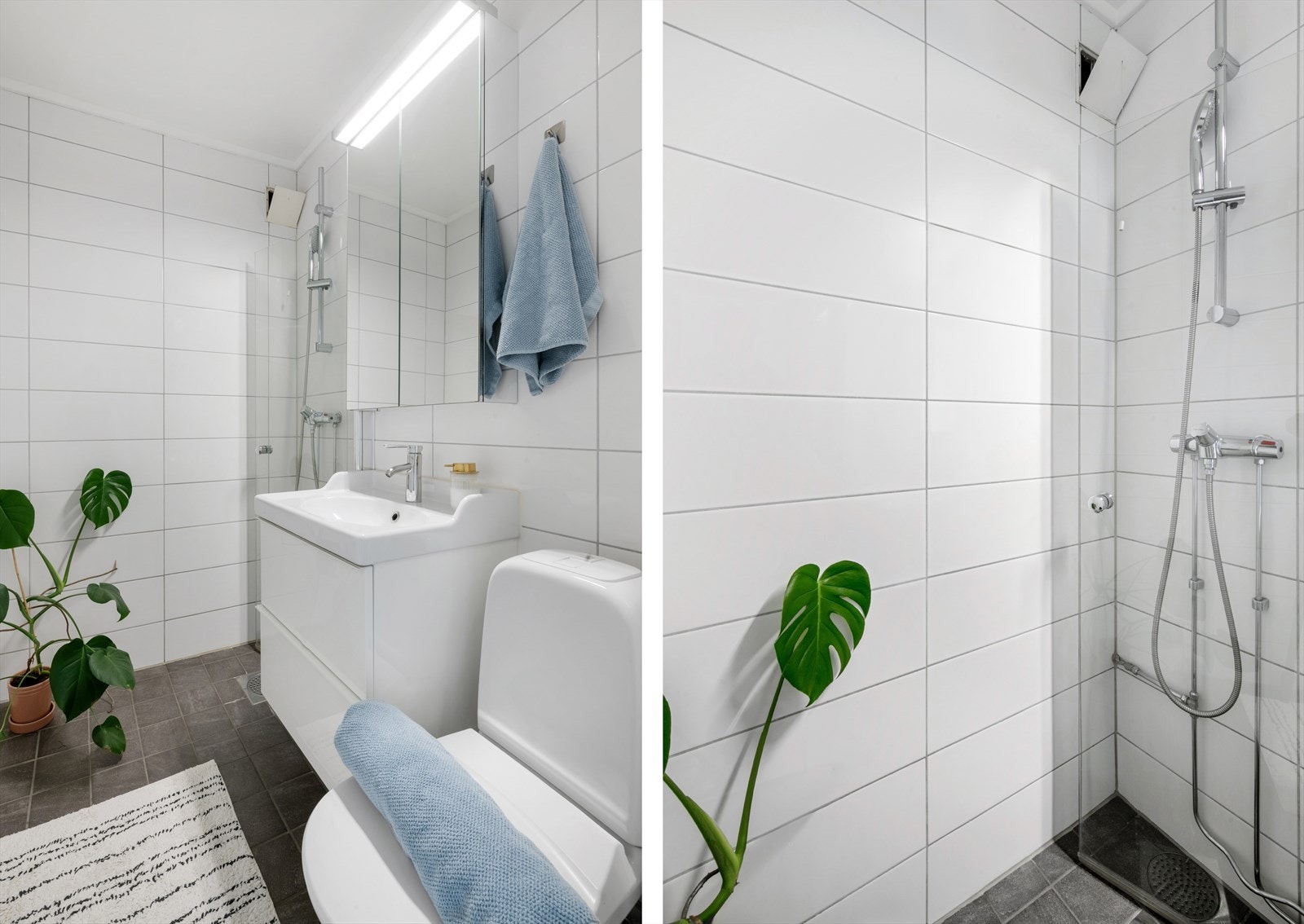 Fra entréen er det inngang til et bad. Badet har flis på gulv og vegger, gulvvarme. Galleribilde