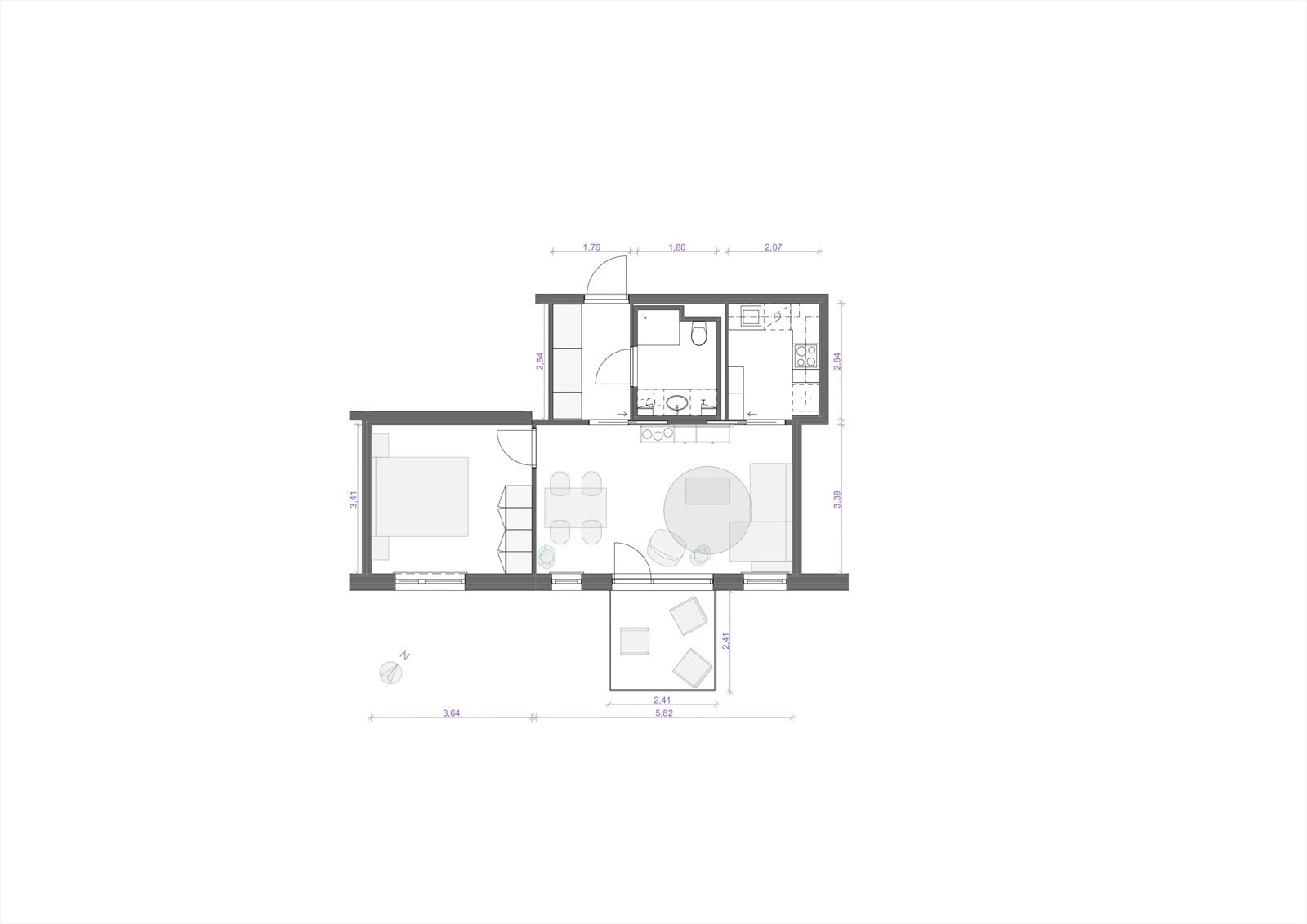 Vi starter med plantegningen - Leiligheten i 3. etasje inneholder: Stue, kjøkken, bad, soverom, entré og balkong. Galleribilde