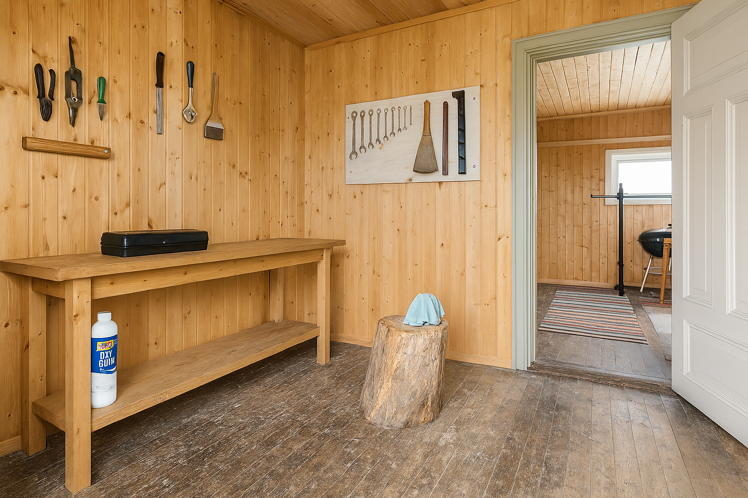 Uthuset har innlagt strøm, godt med plass og består av 2 rom samt loft. Det er også en stor bod i sammenheng med uthuset med adkomst fra utsiden. Bildet er digitalt ryddet for gjenstander og avvik i innvendige detaljer og overflater må påregnes. Galleribilde