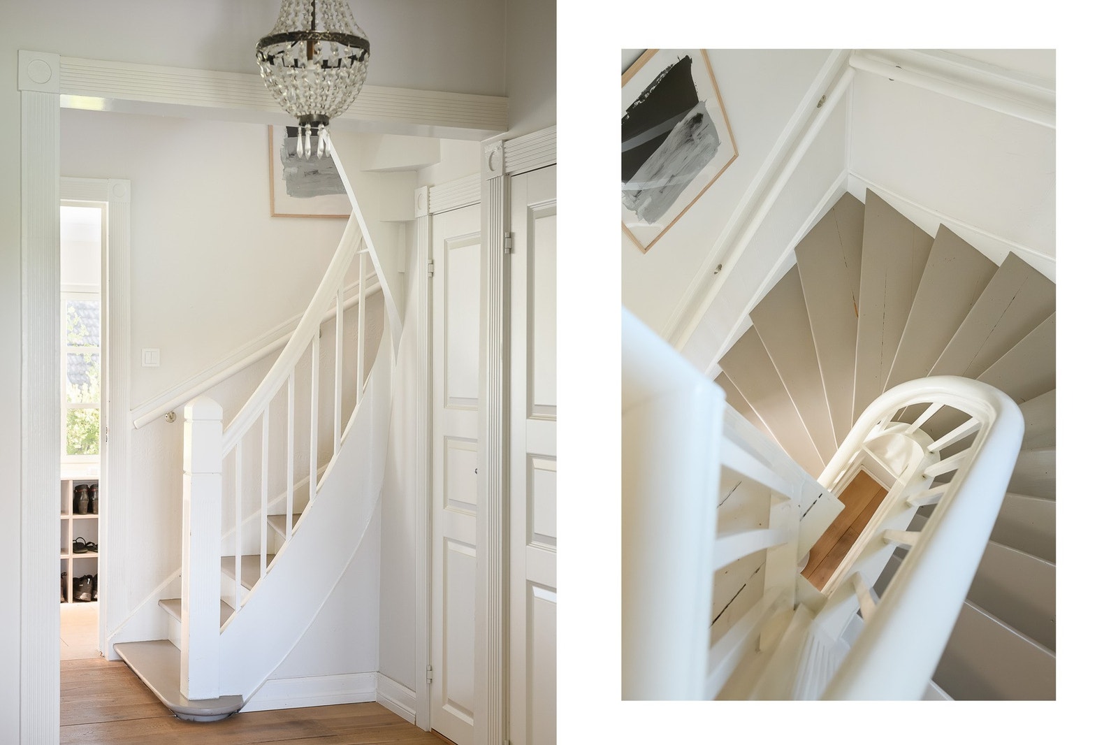 Den originale tretrappen med lukkede trinn mellom første og andre etasje er bevart. Galleribilde