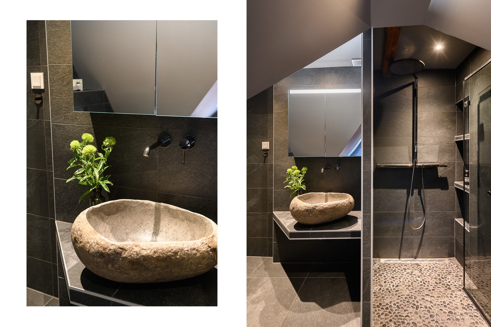 Badet på loftet ble etablert i 2019 og har en åpen dusjnisje med regndusj og rennesluk. Galleribilde