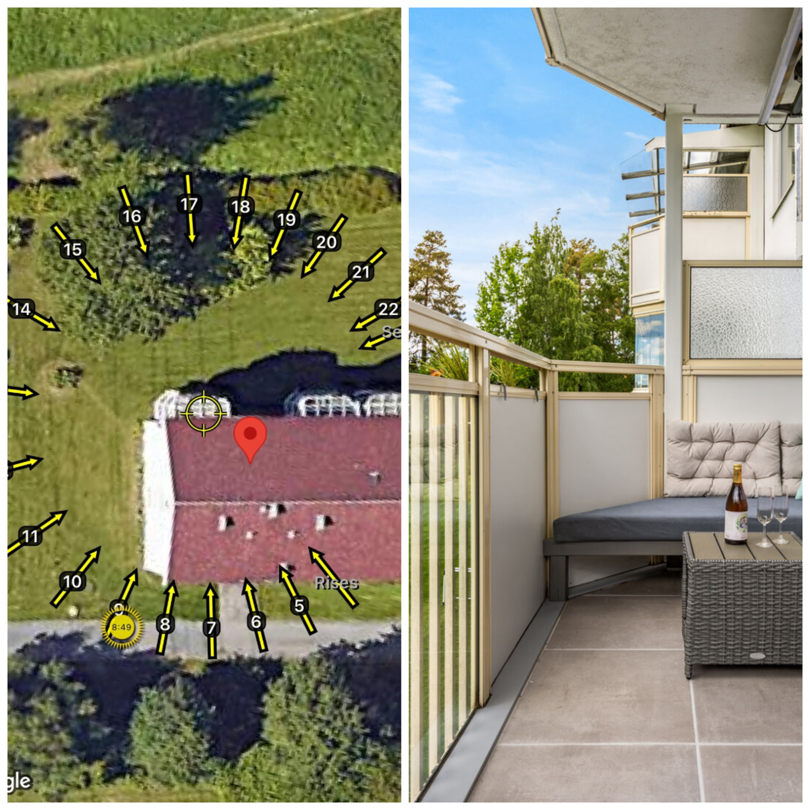 Solforhold sommer. Balkongen har overbygg, lettstelt dekke av fliser fra 2020. Galleribilde