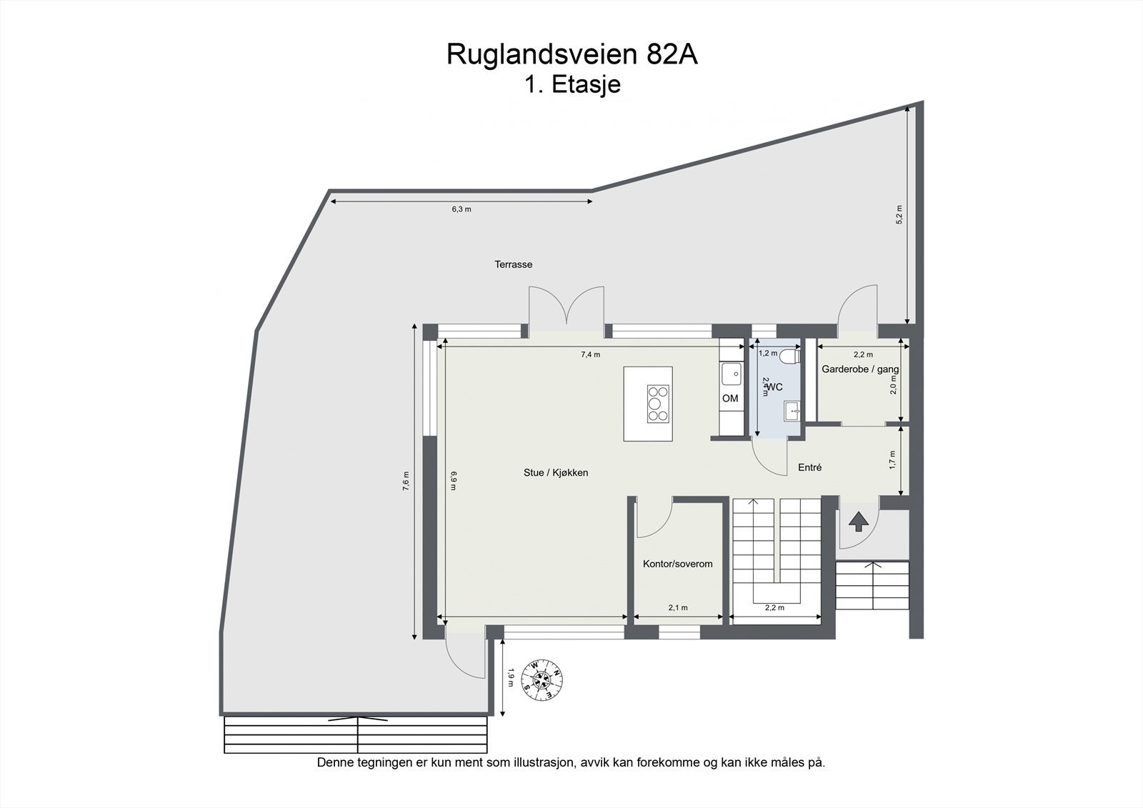 Planløsning 1. etasje: entré, trapperom, garderobe, wc, kontor/sov og en åpen løsning med kjøkken, spisestue og stue. Galleribilde
