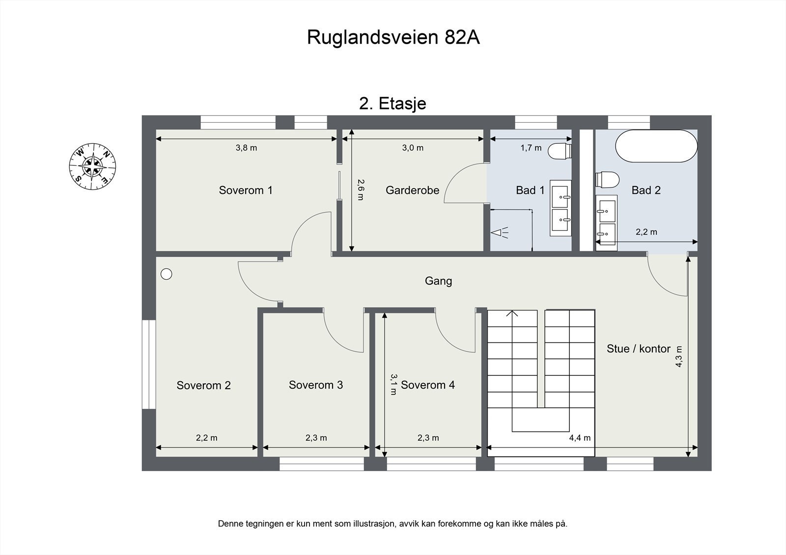 Planløsning 2.etasje: Gang, stue/kontor, fire soverom, to bad og garderobe. Galleribilde