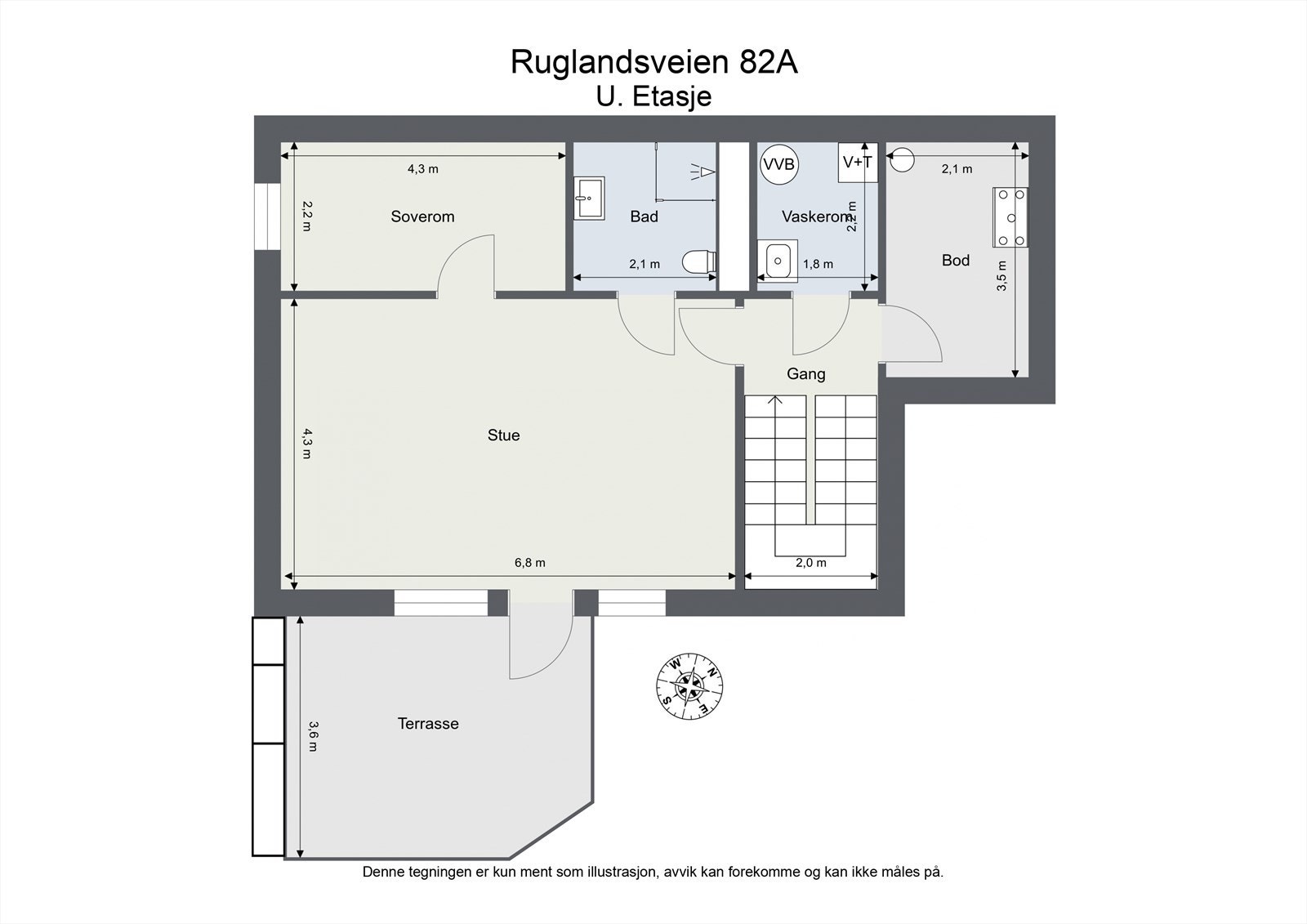 Planløsning underetasje: Gang, stue, trimrom (brukes som soverom), bad, vaskerom og bod. Galleribilde