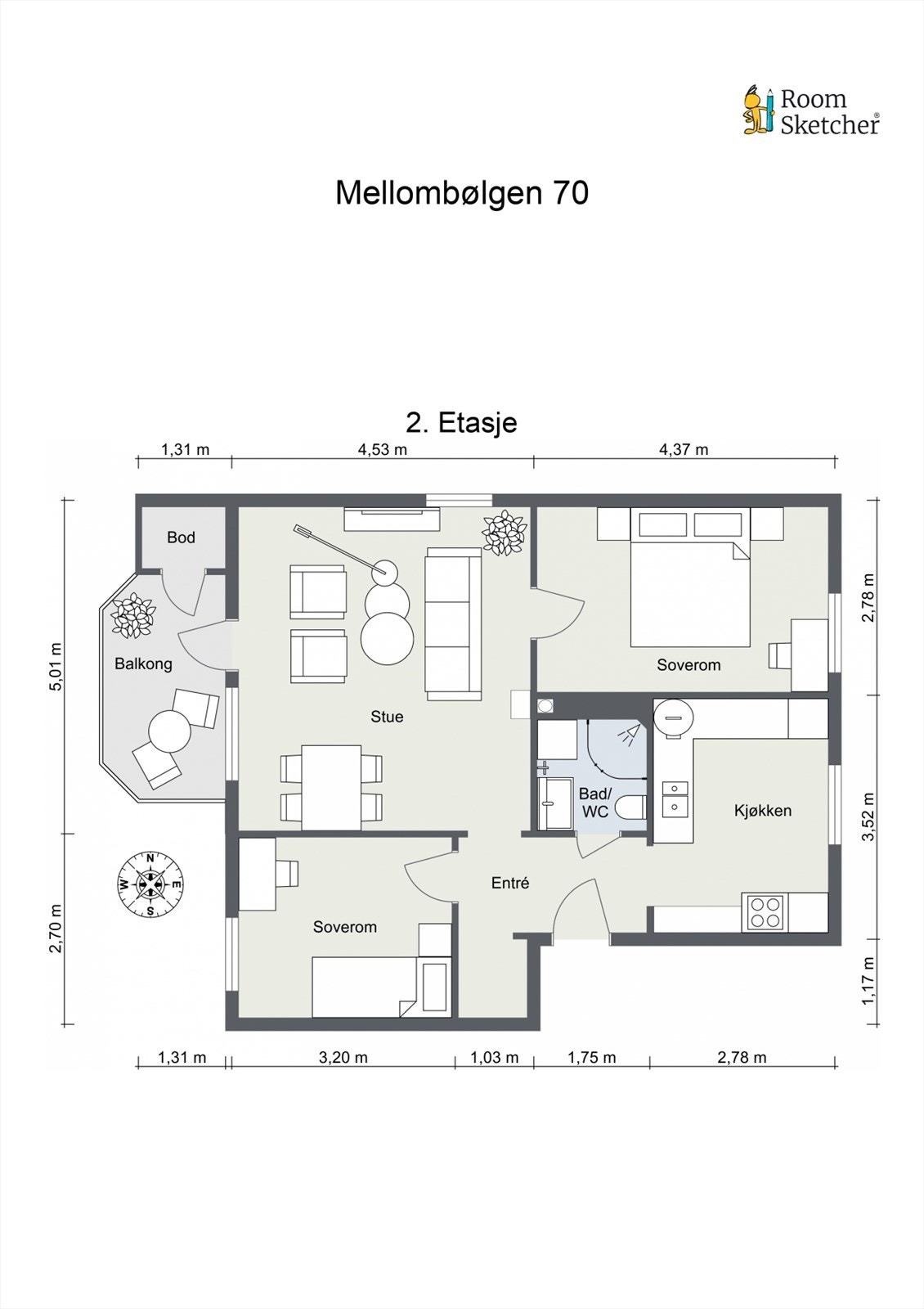 Plantegning. I tillegg medfølger en loftsbod og to kjellerboder. Galleribilde