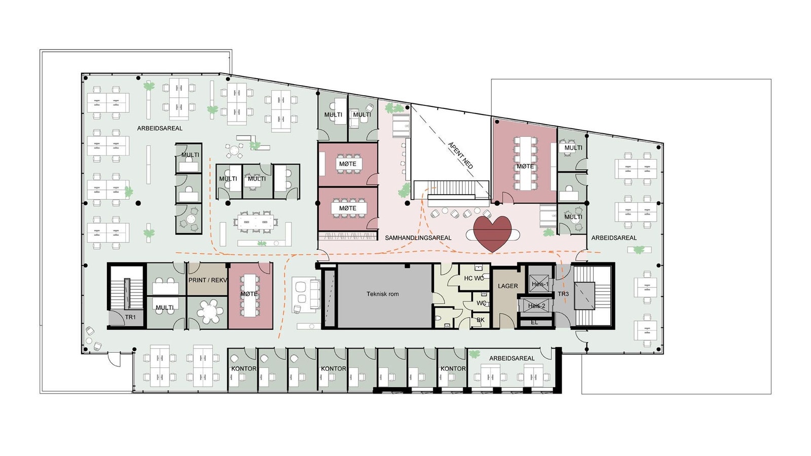 Plantegning Plan 7. Generisk utkast: interiørarkitekter stilles til rådighet for uttegning i samarbeid med leietaker. Galleribilde
