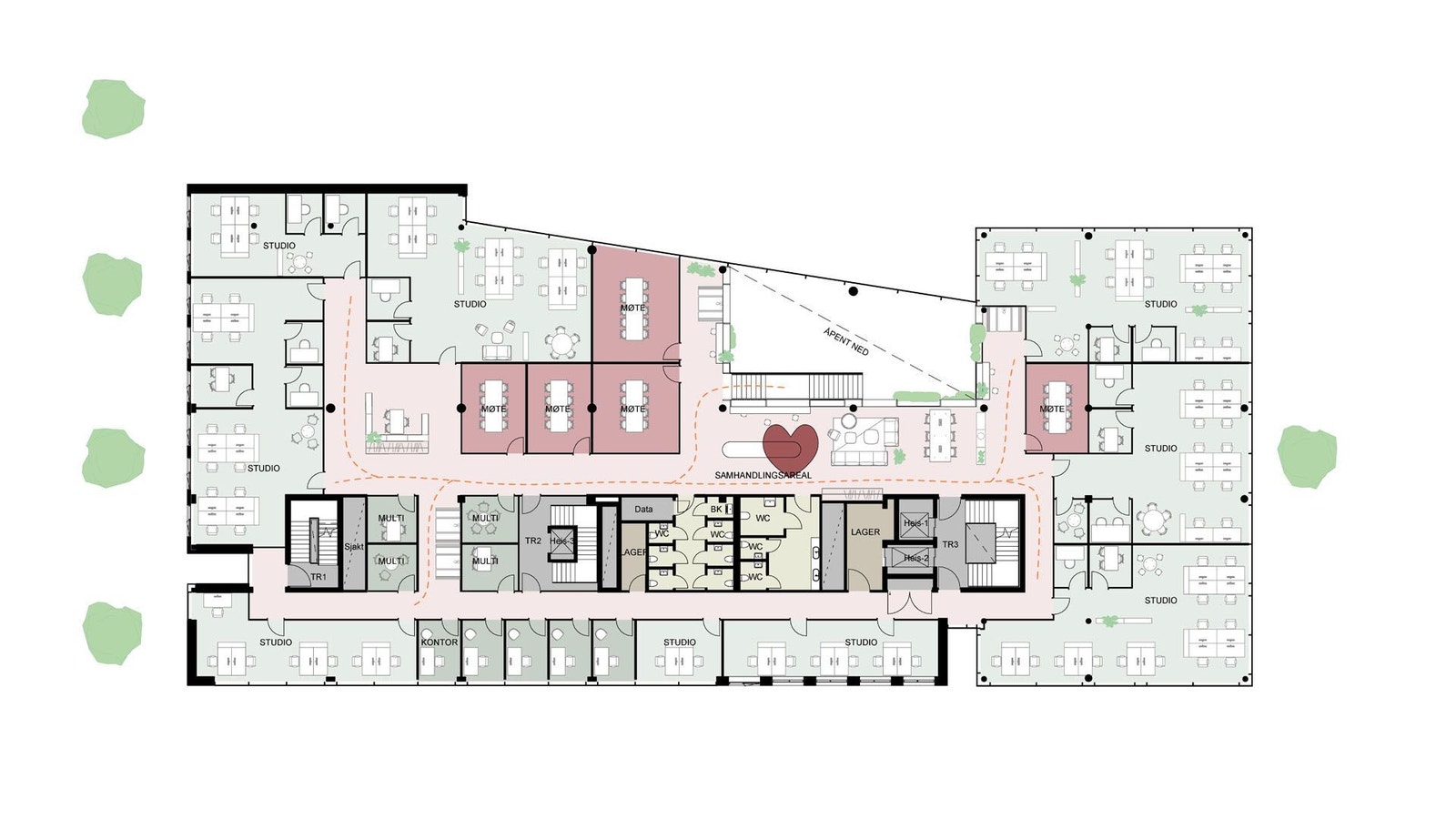 Plantegning Plan 2. Generisk utkast: interiørarkitekter stilles til rådighet for uttegning i samarbeid med leietaker. Galleribilde