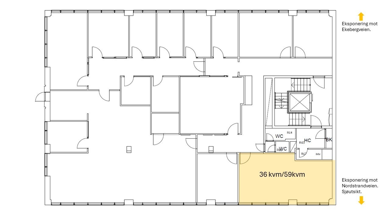 Planløsning av ledig area, stort kontor ca. 59 kvm. inkl. andel fellesareal, samt spiserom. Øvrige planløsning er ikke oppdatert. Galleribilde