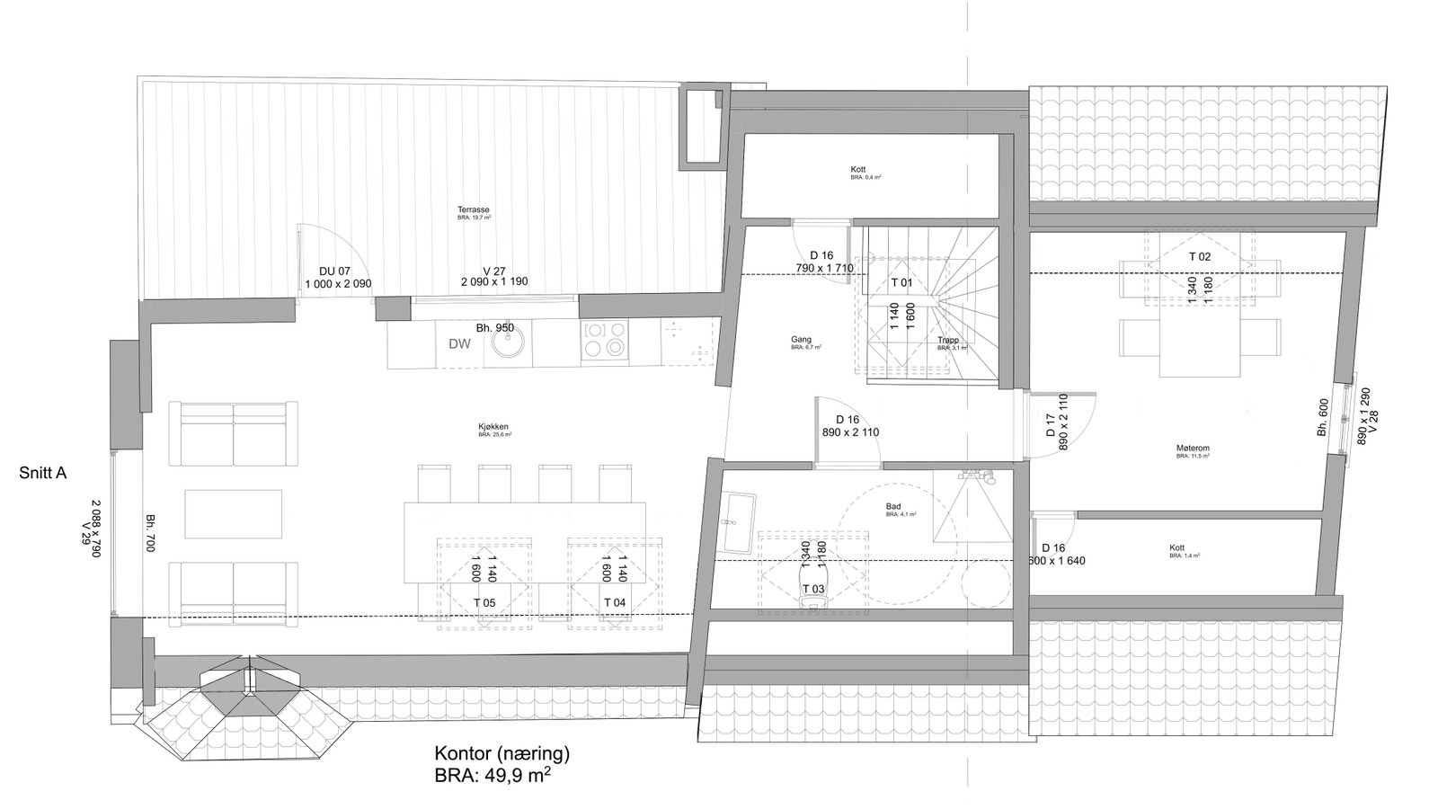 Planløsning 3. etasje, Pedersgata 8. Kontor, kjøkken/ spiserom, møterom og bad med dusj og vaskemaskin. Galleribilde