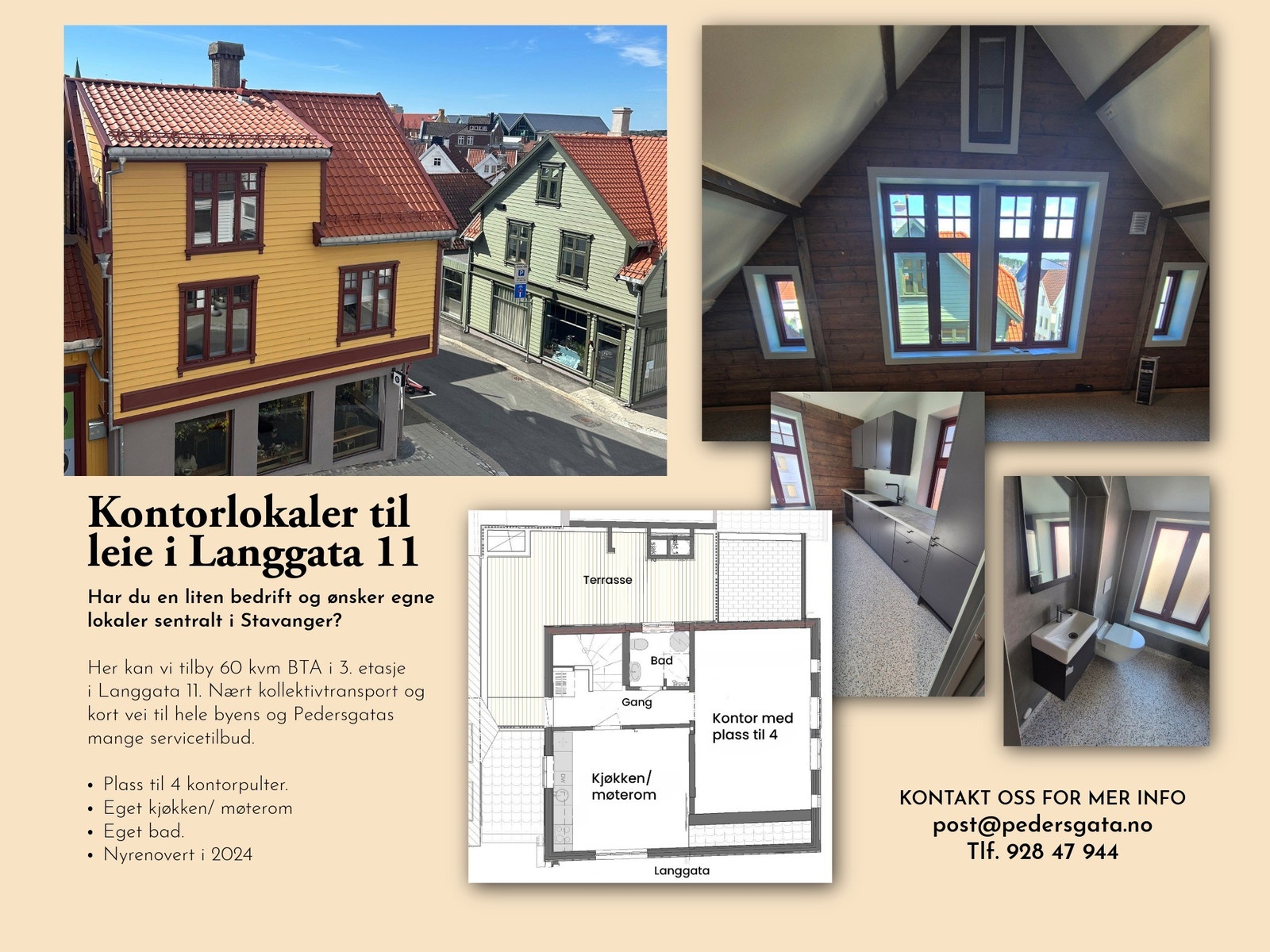 LANGGATA 11 I STAVANGER
Ca. BTA 80 kvm – velegnet for et mindre kontorfellesskap eller en bedrift med behov for funksjonelle lokaler og fellesfunksjoner. Rom for opptil 5 arbeidsplasser. Galleribilde