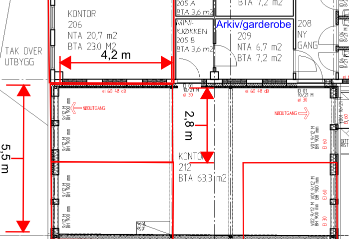 Lokale 212 på 75 m2, hovedlokale 65 m2 inndelt med lettvegger for tre-fire arbeidsplasser, kjøkken 3 m2 og lager/arkiv 7 m2, Lokalene er under oppussing og nye bilder kommer. Galleribilde