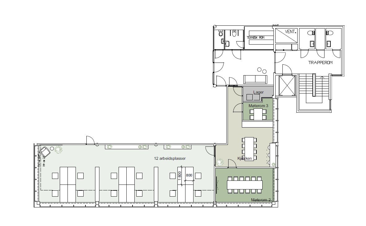Illustrasjon planløsning 12 arbeidsplasser Galleribilde