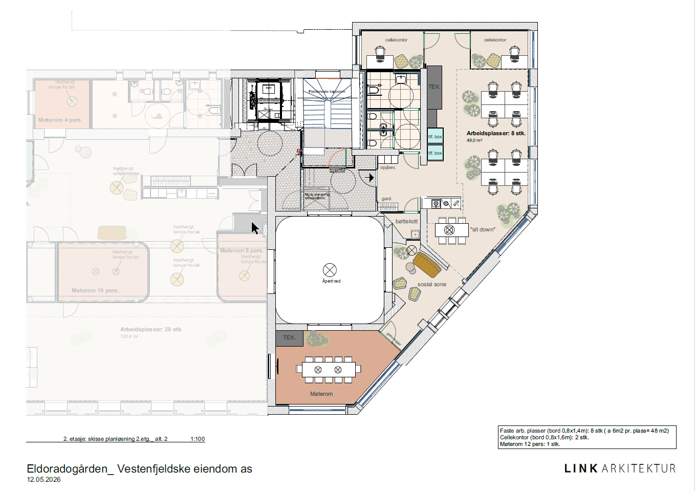 Ledig plan 2 - Mulig planløsning.
Ledig: 300 m2 inkludert fellesarealer Galleribilde
