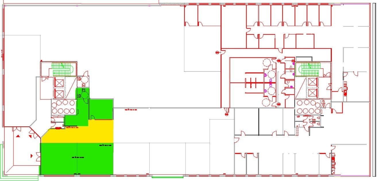 1. etg. BTA 180 m². Arealet merket med grønt. Felles korridor utenfor showrom/kontor til naboareal.