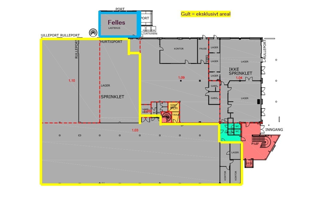 Felles lastehus med leietaker 1.09. Eksklusivt areal markert med gult. Galleribilde