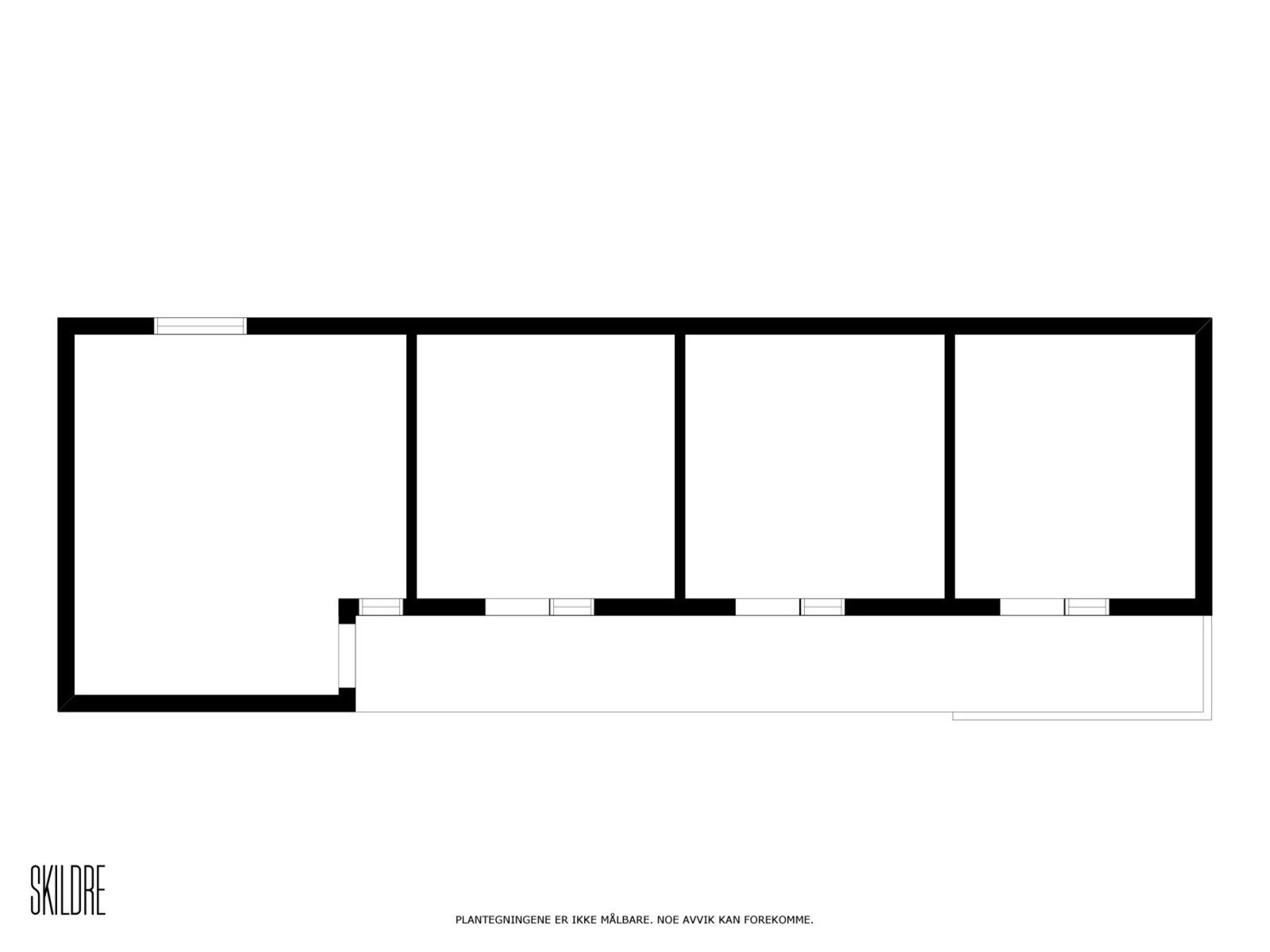 Plantegning av sidebygg/anneks med 4 hybler/rom. Galleribilde