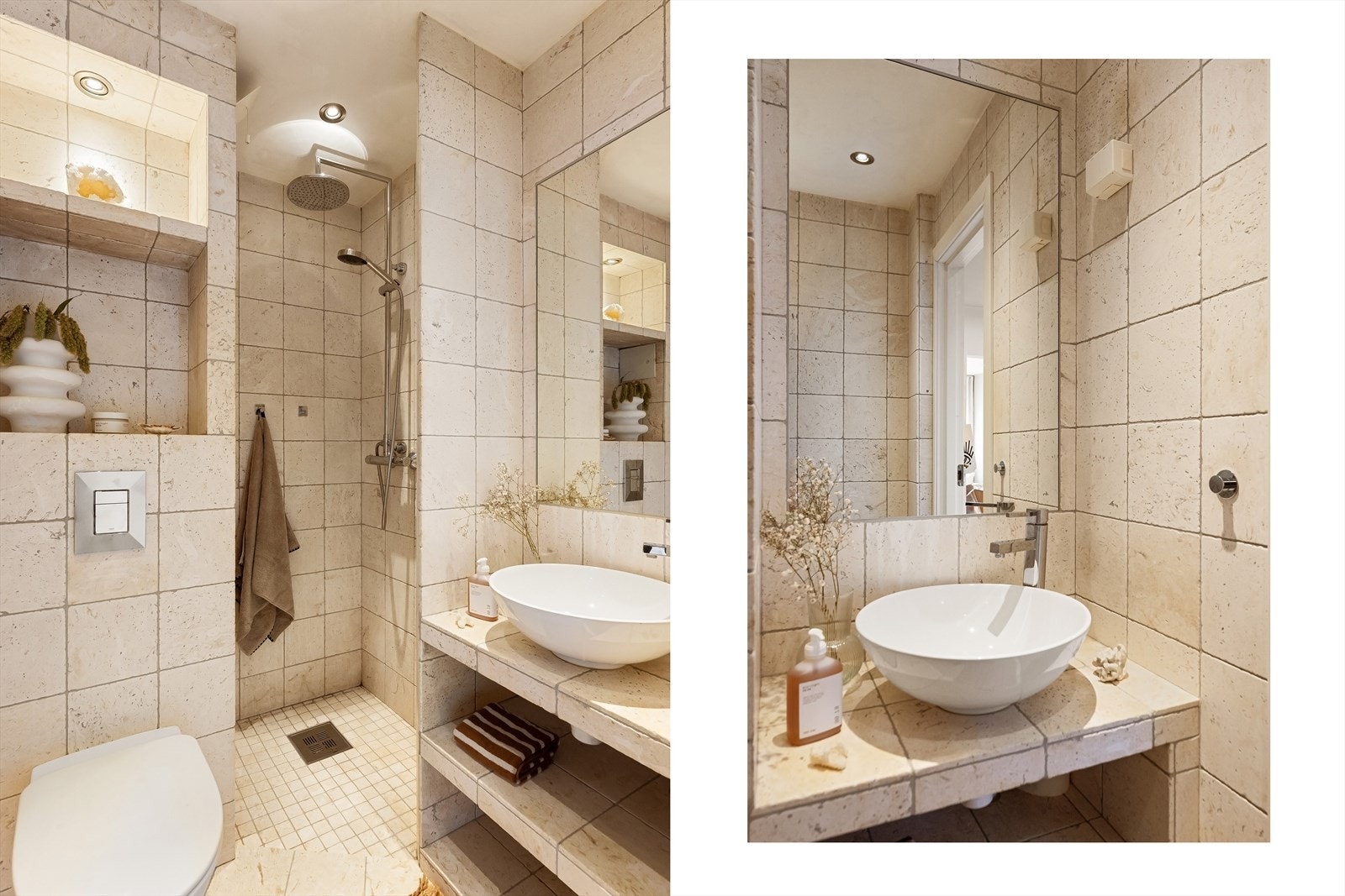 Badet har flisbelagt plassbygget servantinnredning og innfliset speil over servant. Elektrisk varmekabler Galleribilde