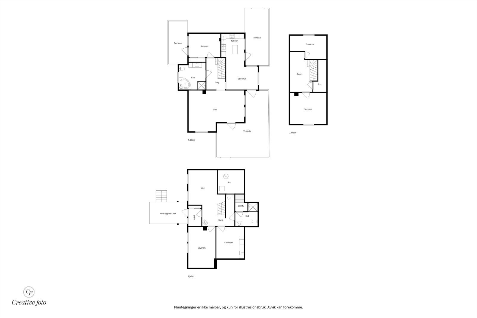 Plantegning for 1.etg, 2.etg og kjeller. Galleribilde