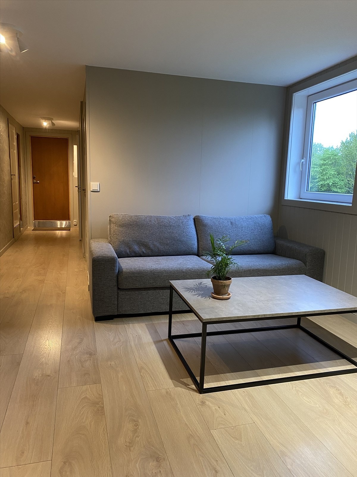 Stue nede. Slettmalte vegger og laminatgulv gir rommet et praktisk og stilrent uttrykk. Galleribilde