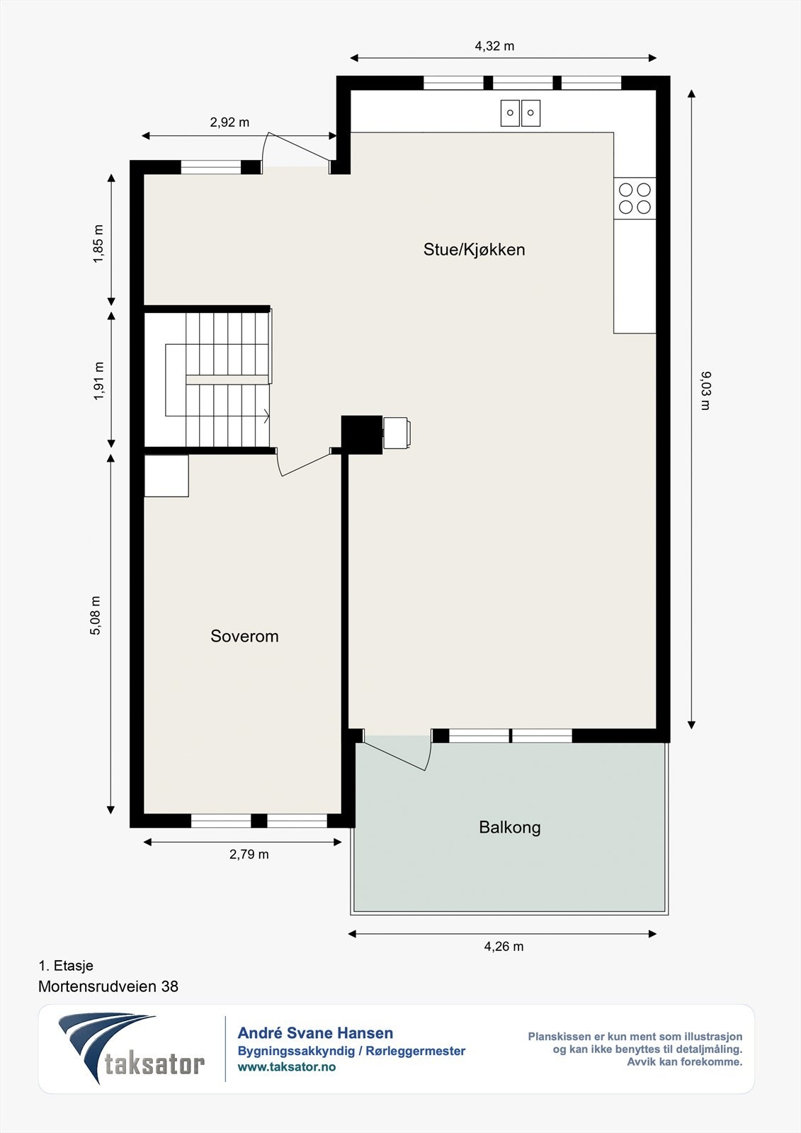 Plantegning av 2. etasje viser en åpen stue/kjøkken-løsning med utgang til balkong, samt et soverom. Galleribilde