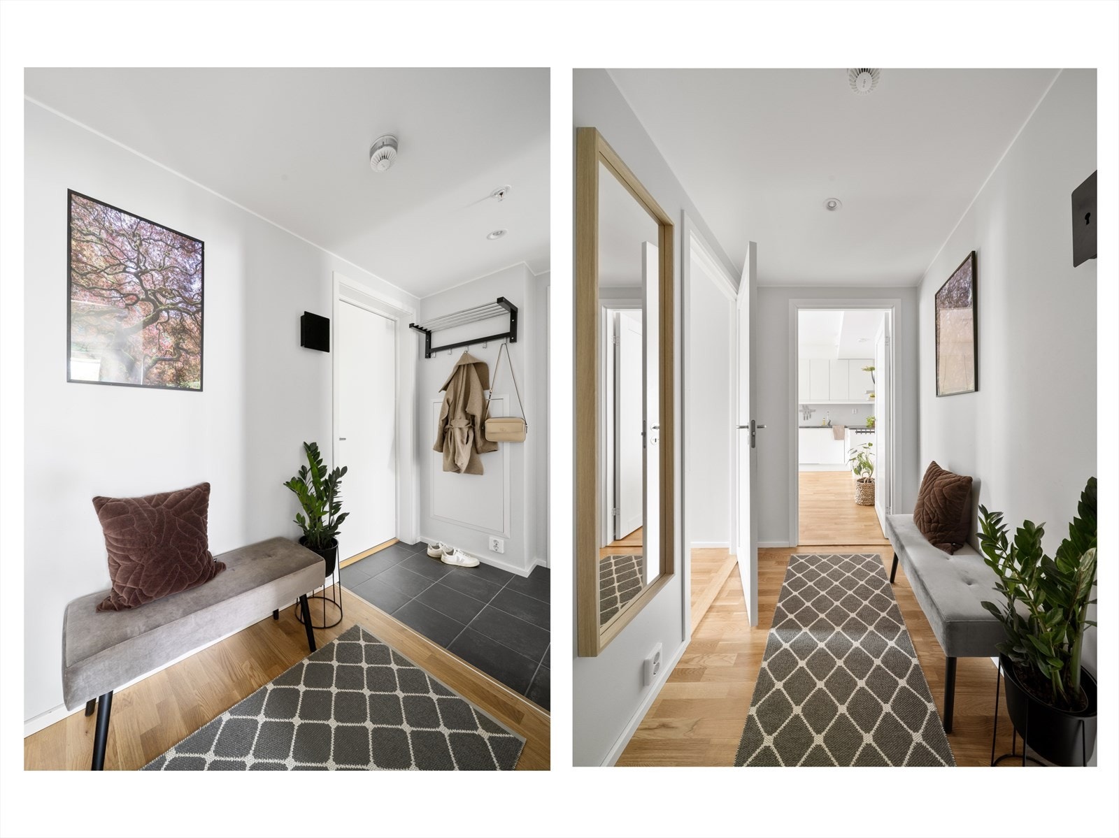 Lys og innbydende gang med mulighet til å henge fra seg yttertøy og sko. Galleribilde