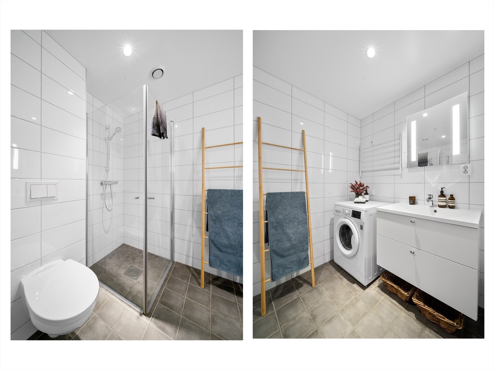 Badet er utstyrt med vegghengt toalett, vask med underskap og dusj. Det er opplegg for vaskemaskin og plass til tørketrommel. Galleribilde