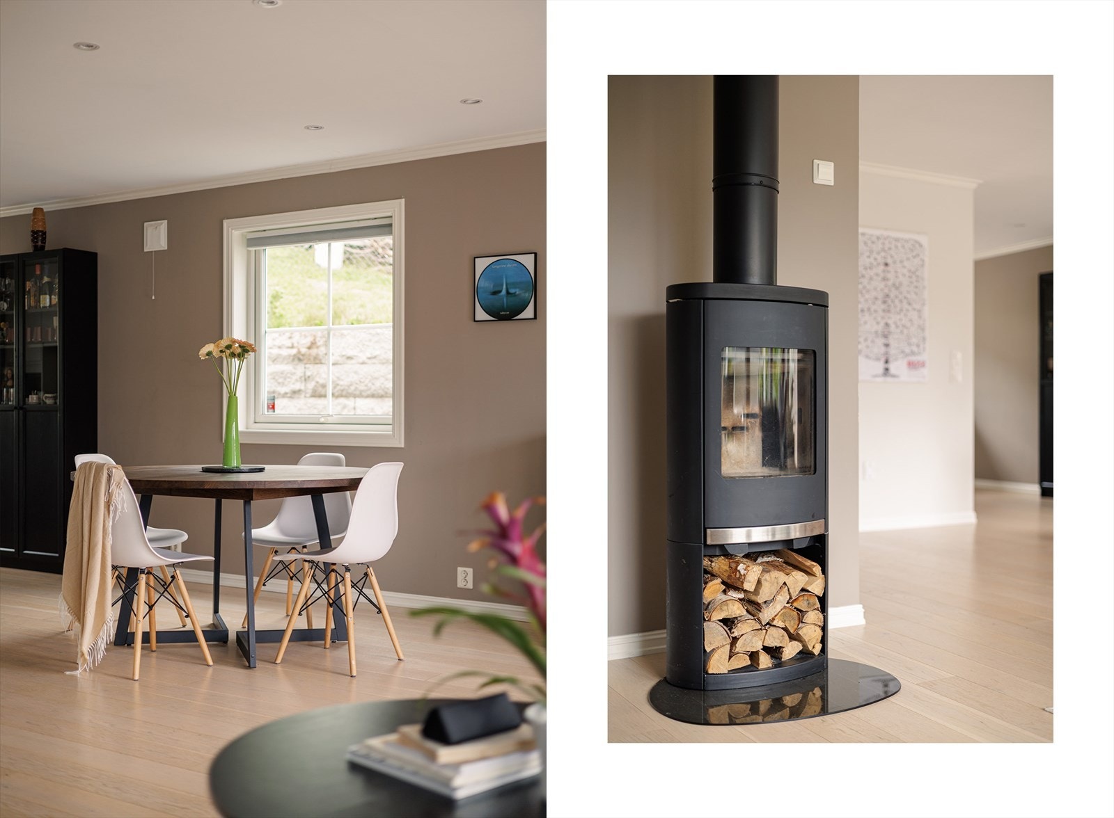 Stuen er utstyrt med peisovn, noe som gir både lun varme og ekstra hygge på kaldere dager. Galleribilde