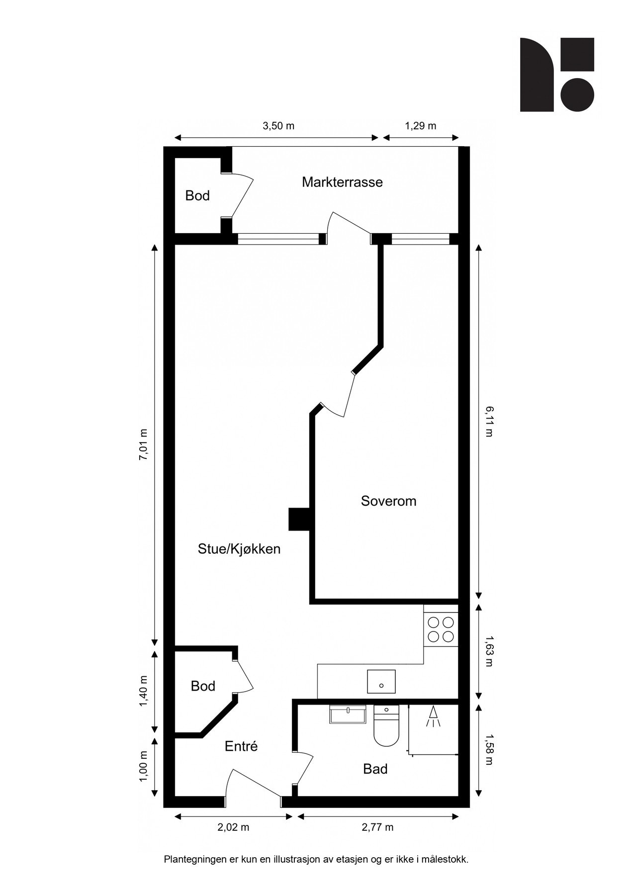 Praktisk og arealeffektiv planløsning på 47 m². Alle rom har god størrelse og naturlig sammenheng Galleribilde
