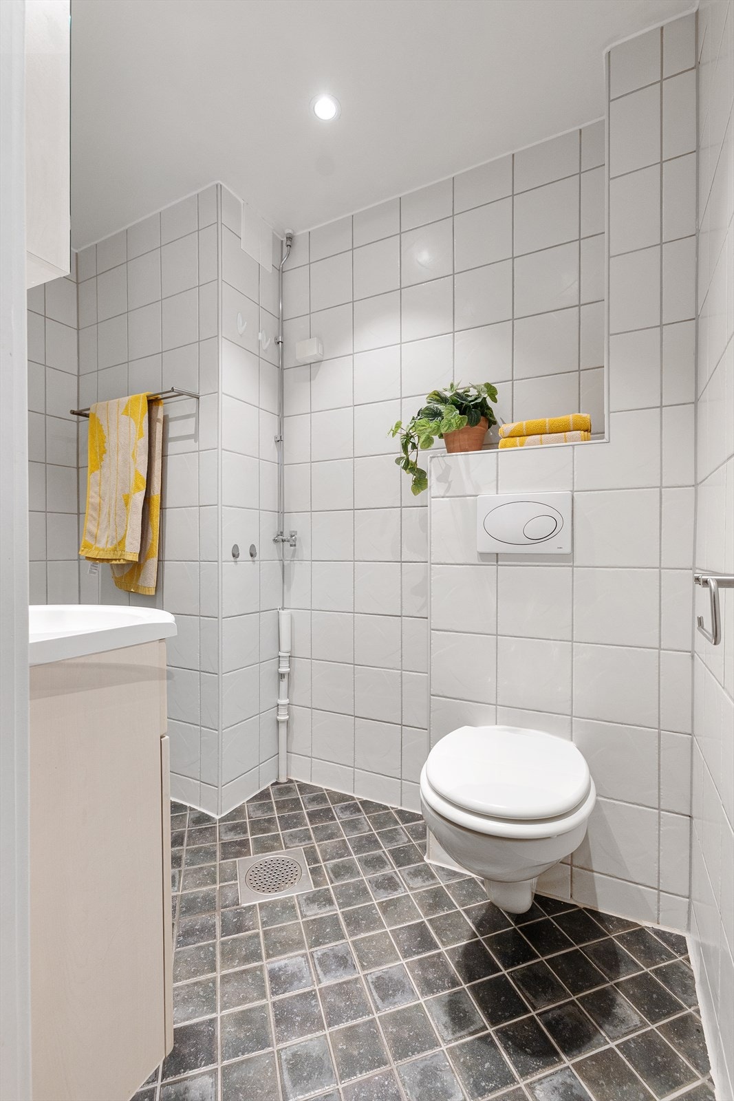 Badet har vegghengt toalett for enklere renhold. Galleribilde