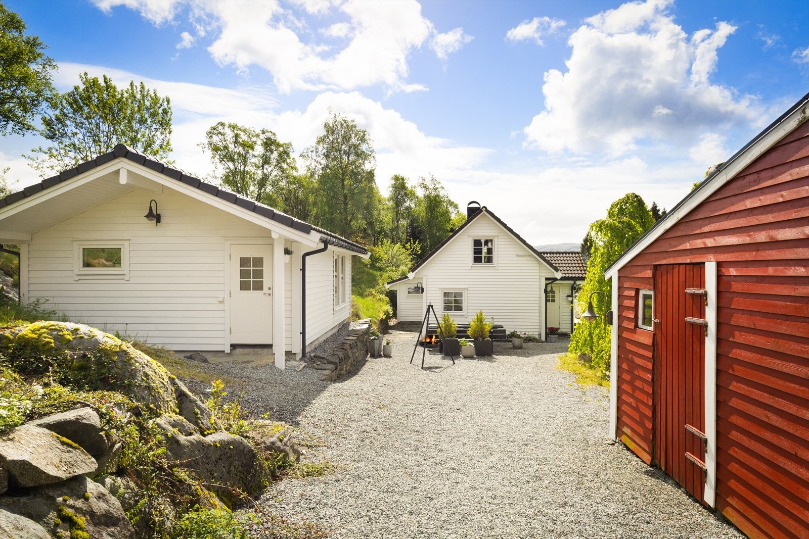 Her ser du annekset til venstre, huset rett frem og løen til høyre. Galleribilde