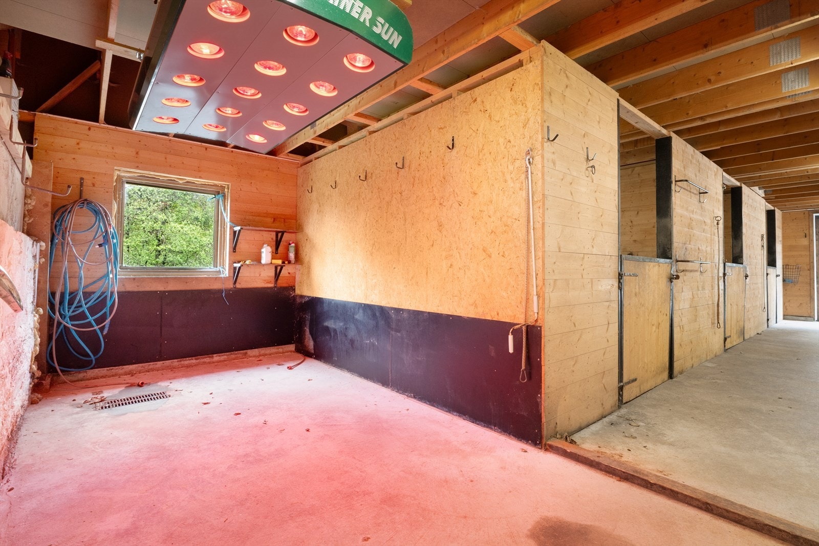 Løens 1. etasje har spyleplass for hest med solarium, 3 staller, samt bod/lager. Galleribilde