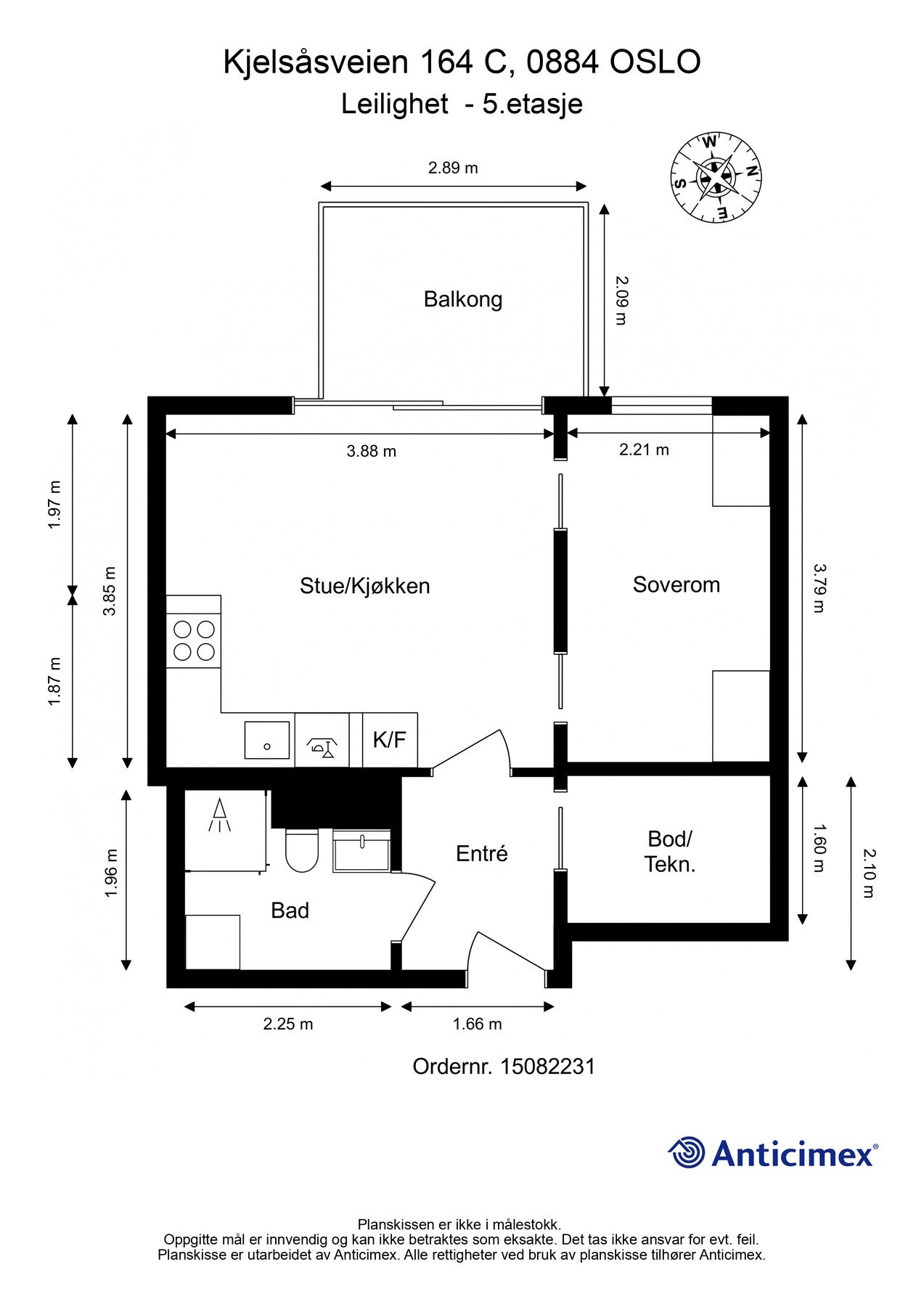Plantegning. I tillegg disponerer leiligheten en kjellerbod på ca. 5m². Galleribilde
