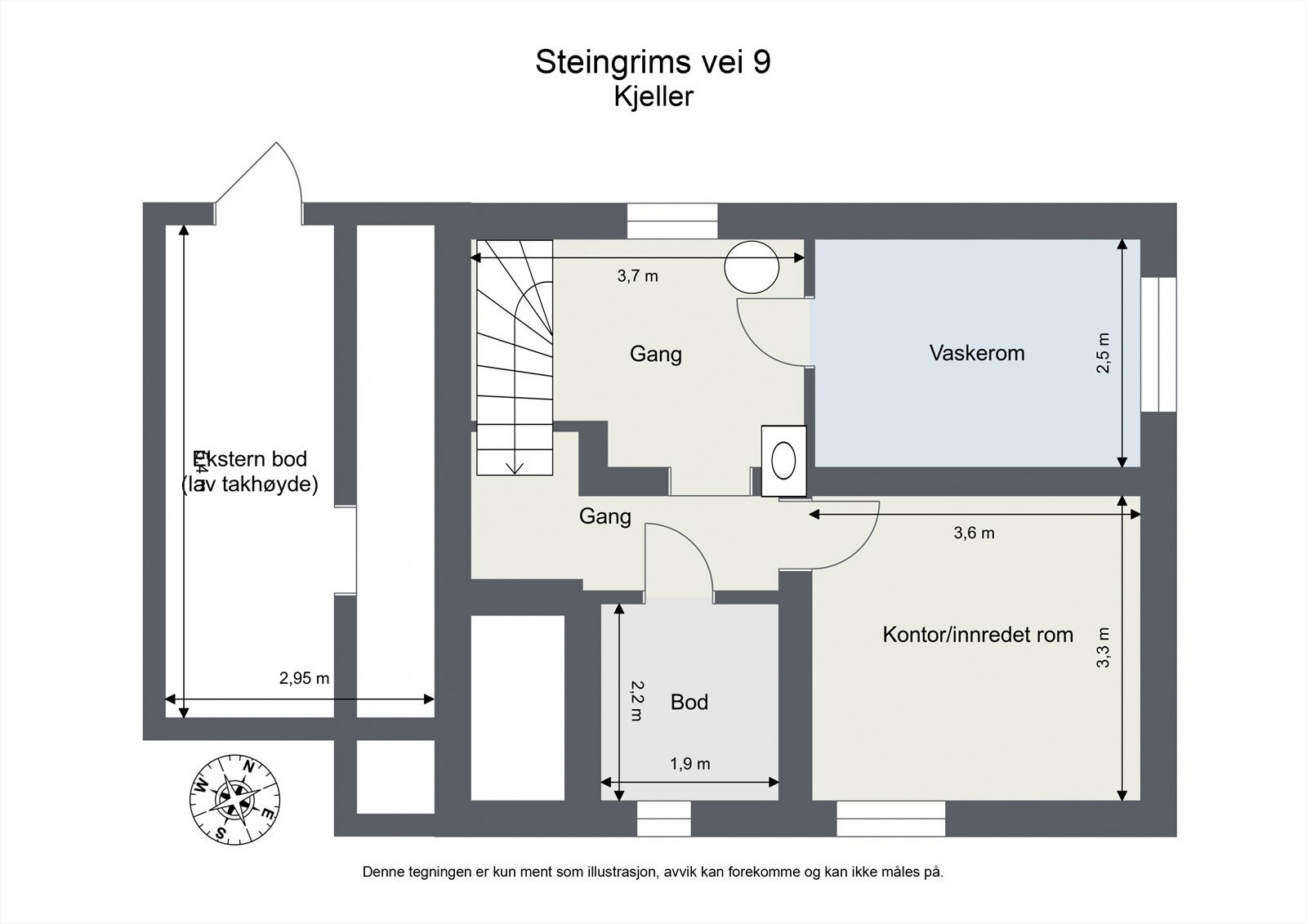 Kjelleren inneholder vaskerom, bod og et innredet rom, i tillegg til en ekstern bod. Galleribilde