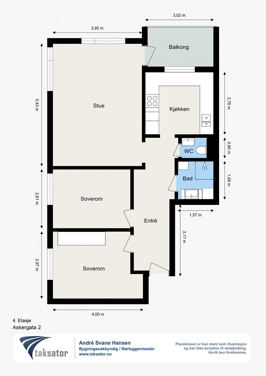 Leiligheten ligger i 4. etasje og inneholder entré, 2 soverom, bad, wc, stue, kjøkken og balkong. I tillegg disponerer leiligheten en kjellerbod. Galleribilde