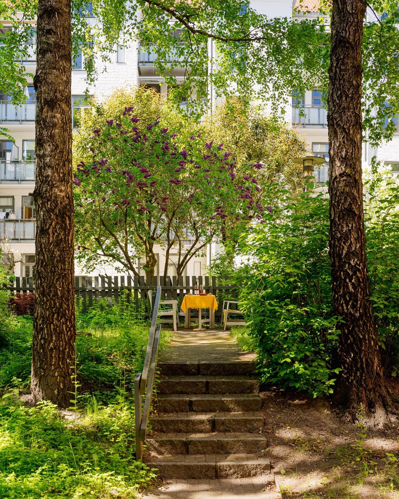 Sameiets bakgård oppleves som en skjermet oase, med beplantning, sittegrupper og sykkelparkering. Galleribilde