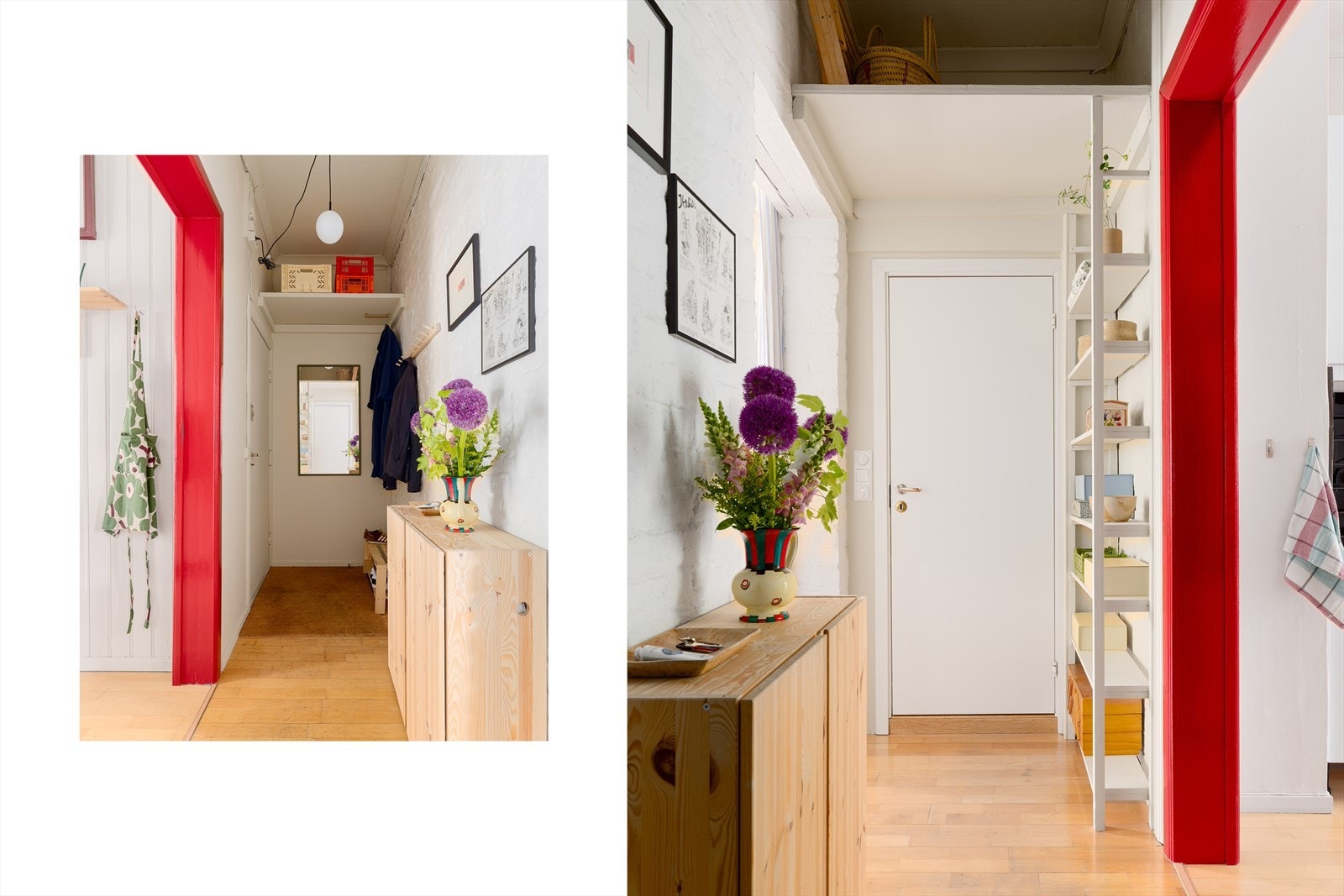 En lys og innbydende entré ønsker deg velkommen inn i denne flotte og særegne leiligheten! I entréen er det god plass til å henge fra seg yttertøy og sko. Galleribilde